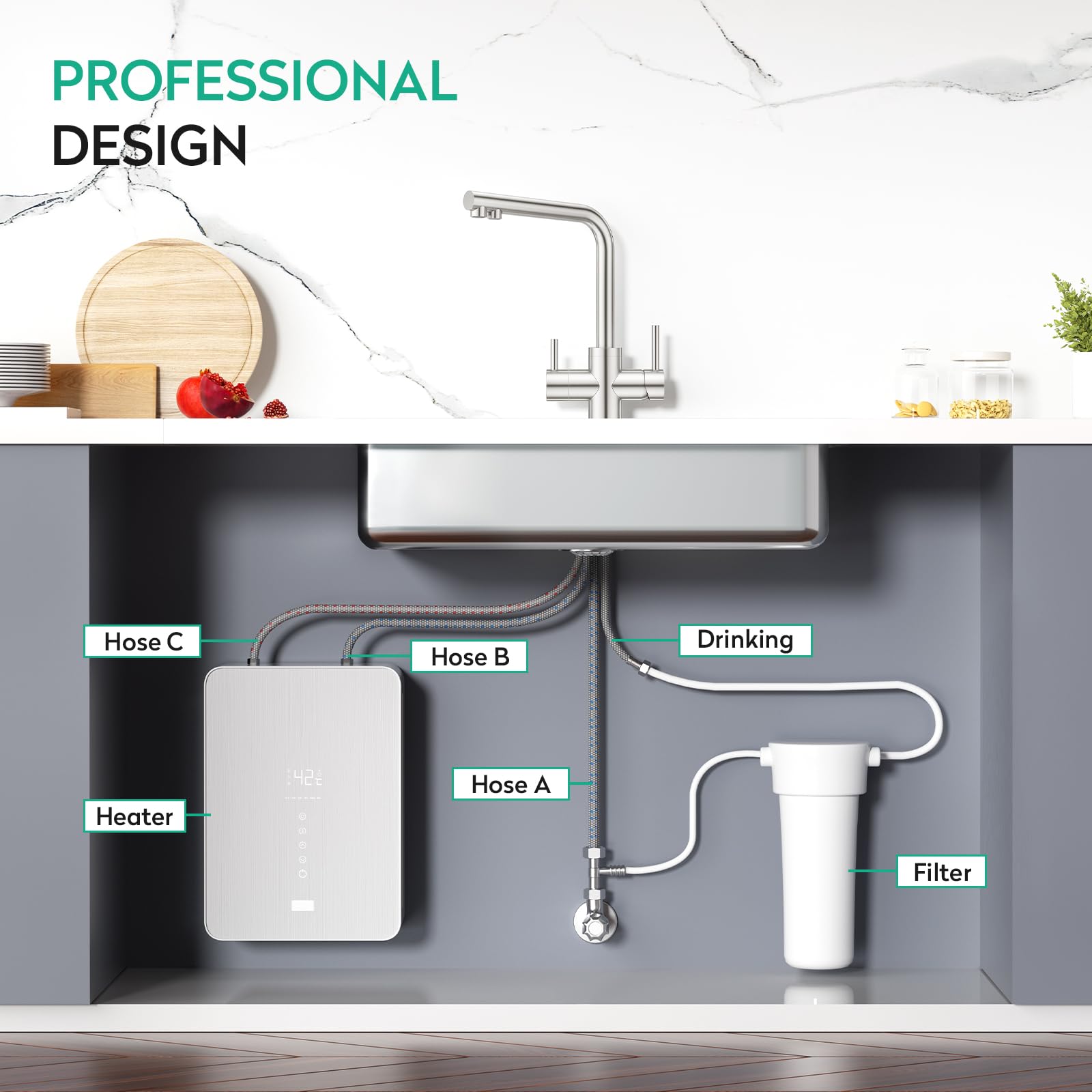 CREA Niederdruck Armatur Küche, 3 Wege Wasserhahn Küche, 360° Drehbar Küchenarmatur, 3 in 1 Mischbatterie für Wasserfilter, Trinkwasserhahn mit 2 Hebel, Drei Wege aus Edelstahl,Gebürstete Oberfläche