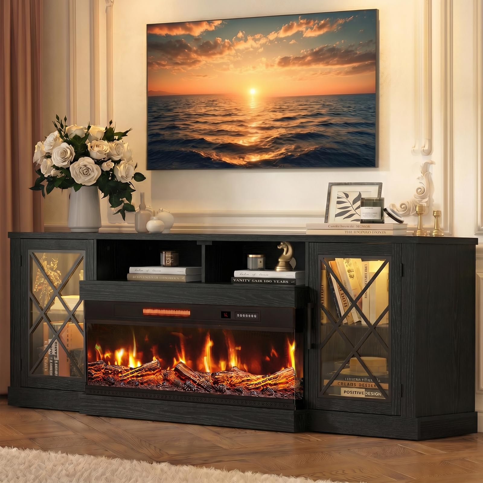 BREEZEHEAT Fireplace TV Stand for TVs up to 90", 3-Sided Electric Entertainment Center with 40" LED Fireplace, Media Console w/Storage Cabinet &amp; Glass Doors, 79Inch, Black
