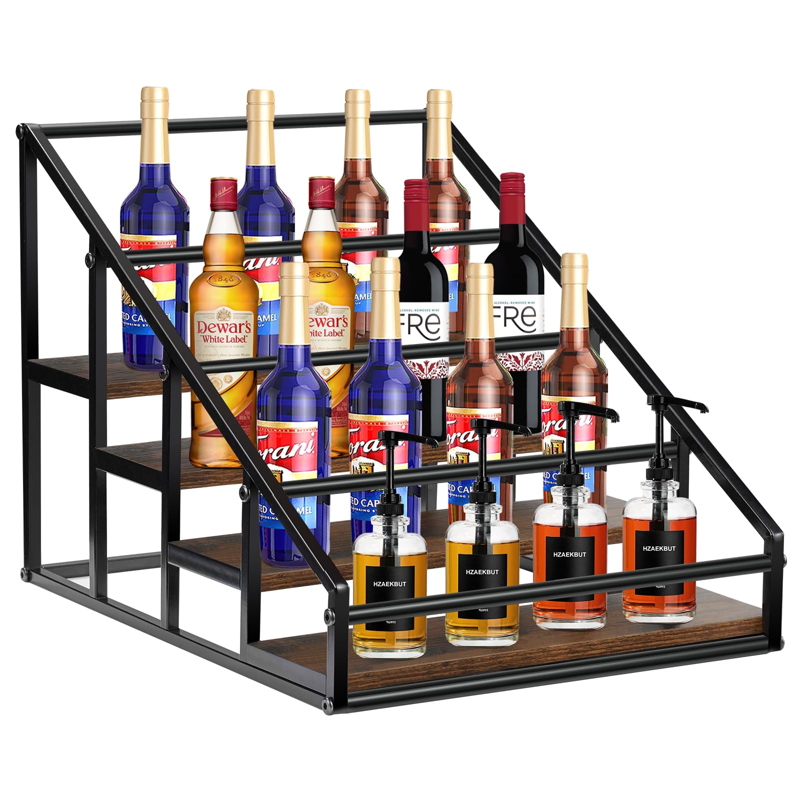 Coffee Syrup Organizer,Coffee Bar Syrup Bottle Rack,Wine Rack,Spice Rack,Countertop Condiment Storage Rack,Rustic Brown,4 Tier 16 Bottle Coffee Syrup Holder