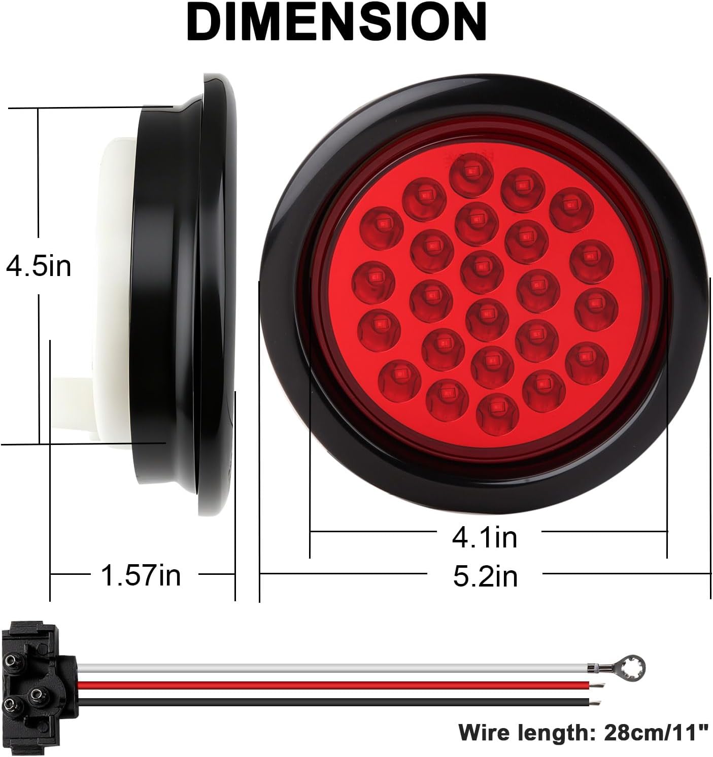 4" Inch Round LED Trailer Tail Lights Red 24 LED, 12Pcs 4" Inch Round Led Stop Turn Tail Lights Brake Trailer Lights for RV Trucks, Rubber Grommets and 3-Prong Wire Pigtails Included