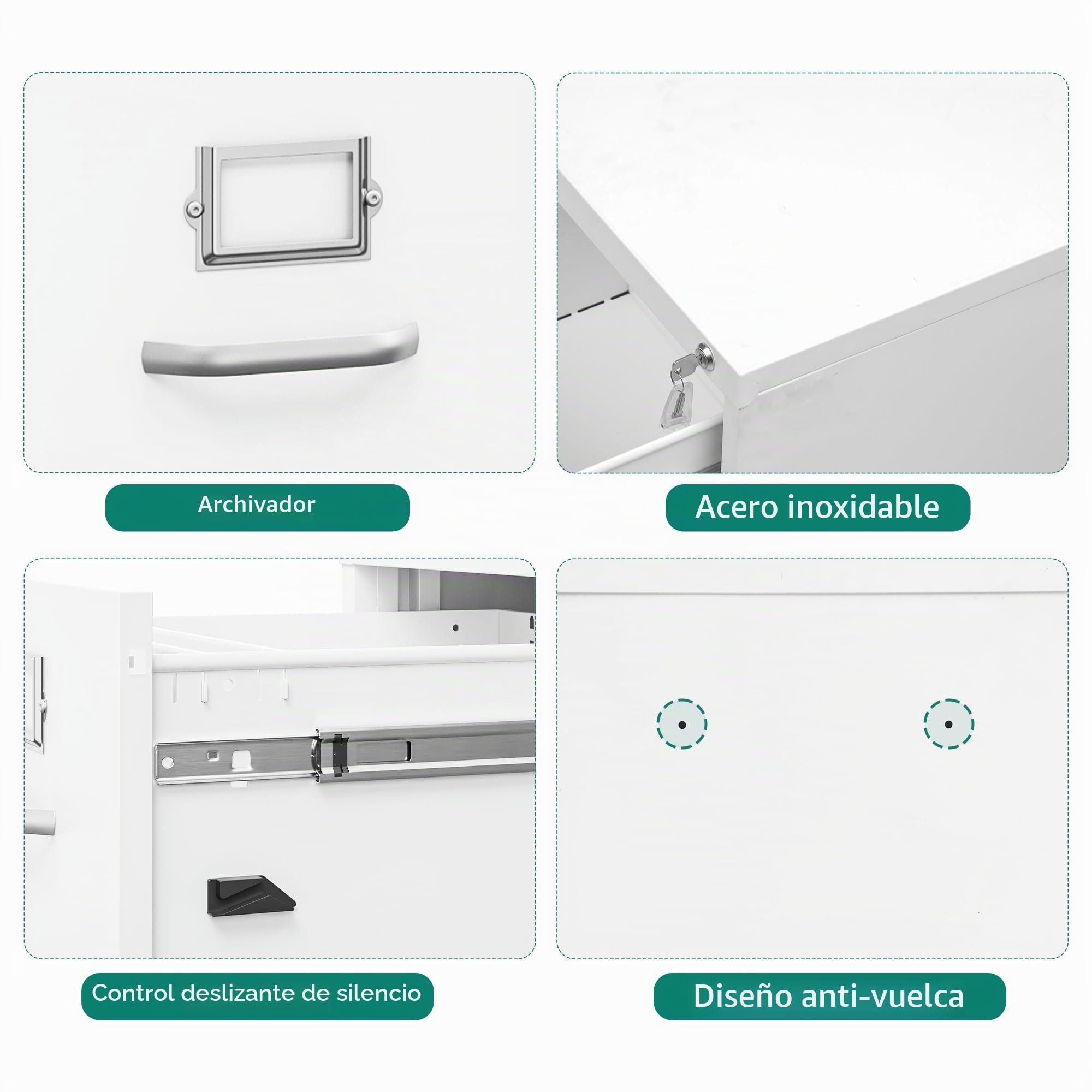 YITAHOME Archivador de 3 cajones, archivador vertical con cerradura para tamaño carta/legal/A4, cajones de almacenamiento antivuelco con ranura para tarjetas de taco para oficina en casa, blanco, 45,8