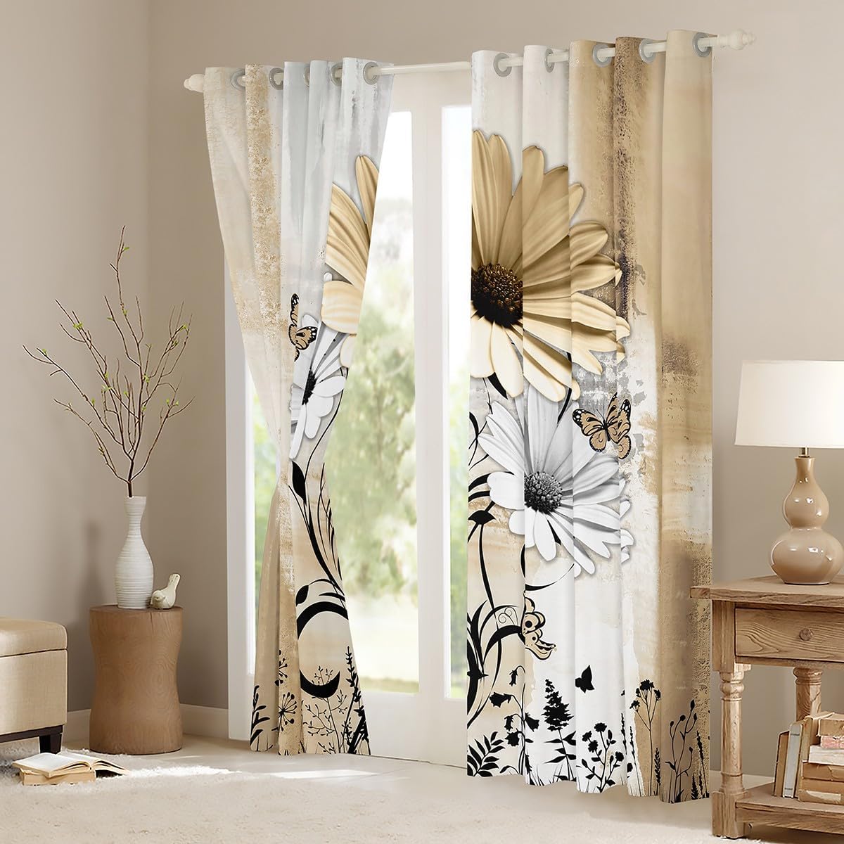 jejeloiu Rustic Farmhouse Curtain,(2 Panels,38 x 54 Inch),Tan Cream Daisy Floral Flowers and Butterfly on Country Wooden Window Drapes,Beige Brown Blackout Shades,Farm Darkening Curtain