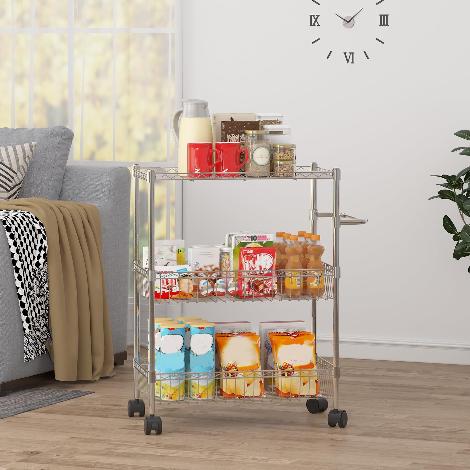 Garvee Carrito Auxiliar de Cocina con Ruedas de Hierro 3 Niveles Plateado