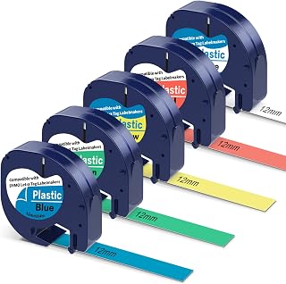 5-Pack Tape Compatible with DYMO Letratag Refills Replacement for DYMO Label Maker Refills 91331 91332 91333 91334 91335 Color Plastic Label Tape for LetraTag LT100H LT100T QX50 Label Maker, 1/2 Inch