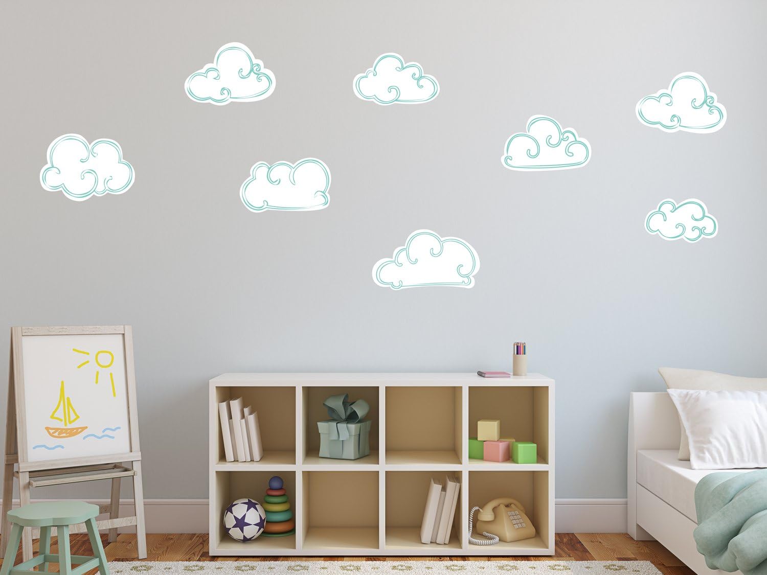 Clouds Fabric Wall Decals, Set of 8 Clouds, Hand Drawn Clouds, Reusable, Repositionable Wall Stickers - Light Blue
