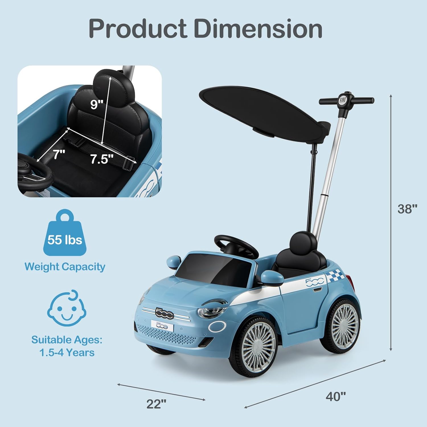 Licensed Fiat 500 Ride on Push Car by INFANS, 3 in 1 Baby Stroller Sliding Walking Car with Retractable Footrest, Parent Control Handle, Horn, Foot-to-Floor Toys for Kids Toddlers 18 Month+ (Blue)