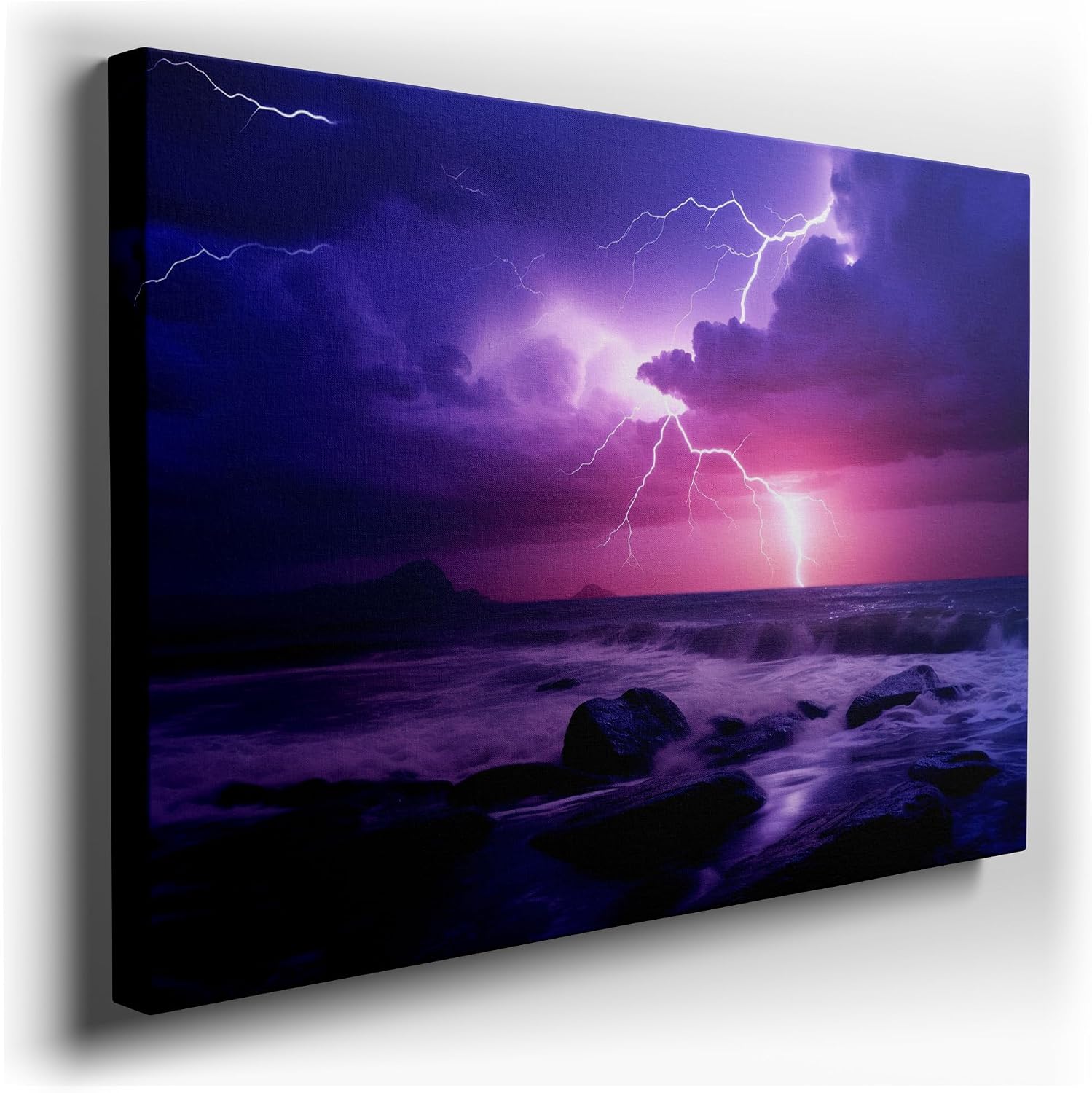 Canvas for Living room. Electric Fury: A Stormy Sea Night Unleashed, 27 x 18 inch Canvas Wall Art - Ready to Hang - 69x46 cm (27x18 inch)