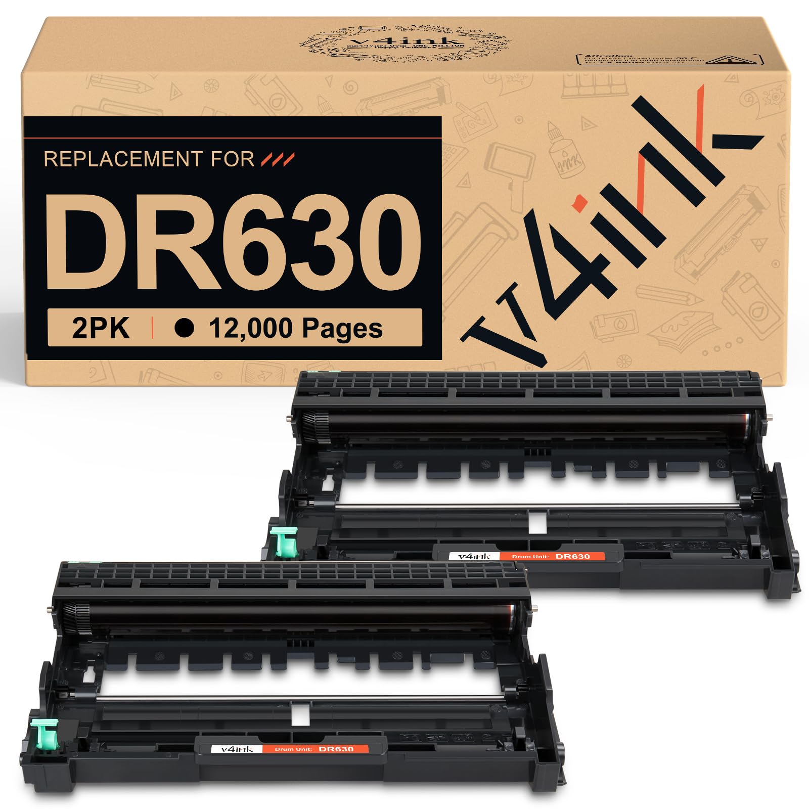 v4ink 2PK Compatible DR-630 Drum Replacement for Brother DR630 DR660 Drum for Brother HL-L2300D HL-L2320D HL-L2340DW HL-L2360DW HL-L2380DW MFC-L2700DW MFC L2720DW L2740DW DCP-L2540DW NOT-Toner