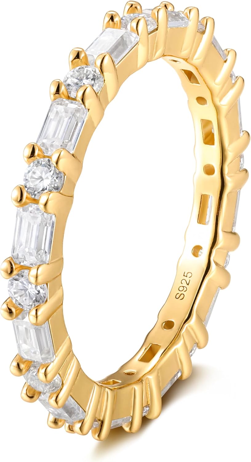 FWM Moissanite and Sapphire/Ruby/Emerald Full Eternity Rings for Women, Solid 925 Sterling Silver, Yellow Gold Plated, Anniversary Birthday Mothers Day Jewelry Gift, Stackable Wedding Ring, Size 5-9