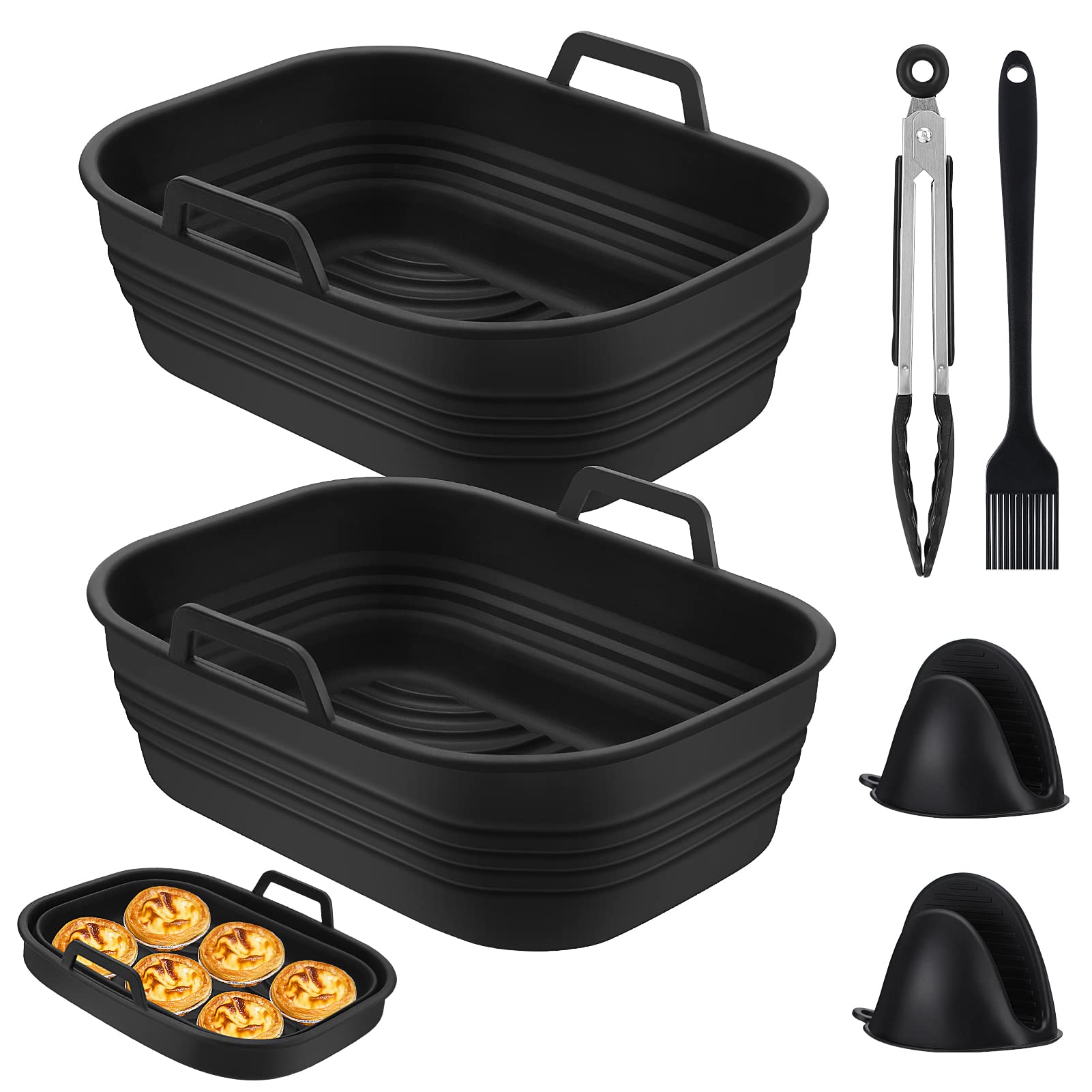 AuniqFoldable Silicone Air Fryer Liners for Ninja Dual Air Fryer AF400UK, AF451UK & Tower T17088, 6Pcs Dual Air Fryer Accessories Reusable Air Fryer Basket for 9L-9.5L Double Zone Air Fryer, Large