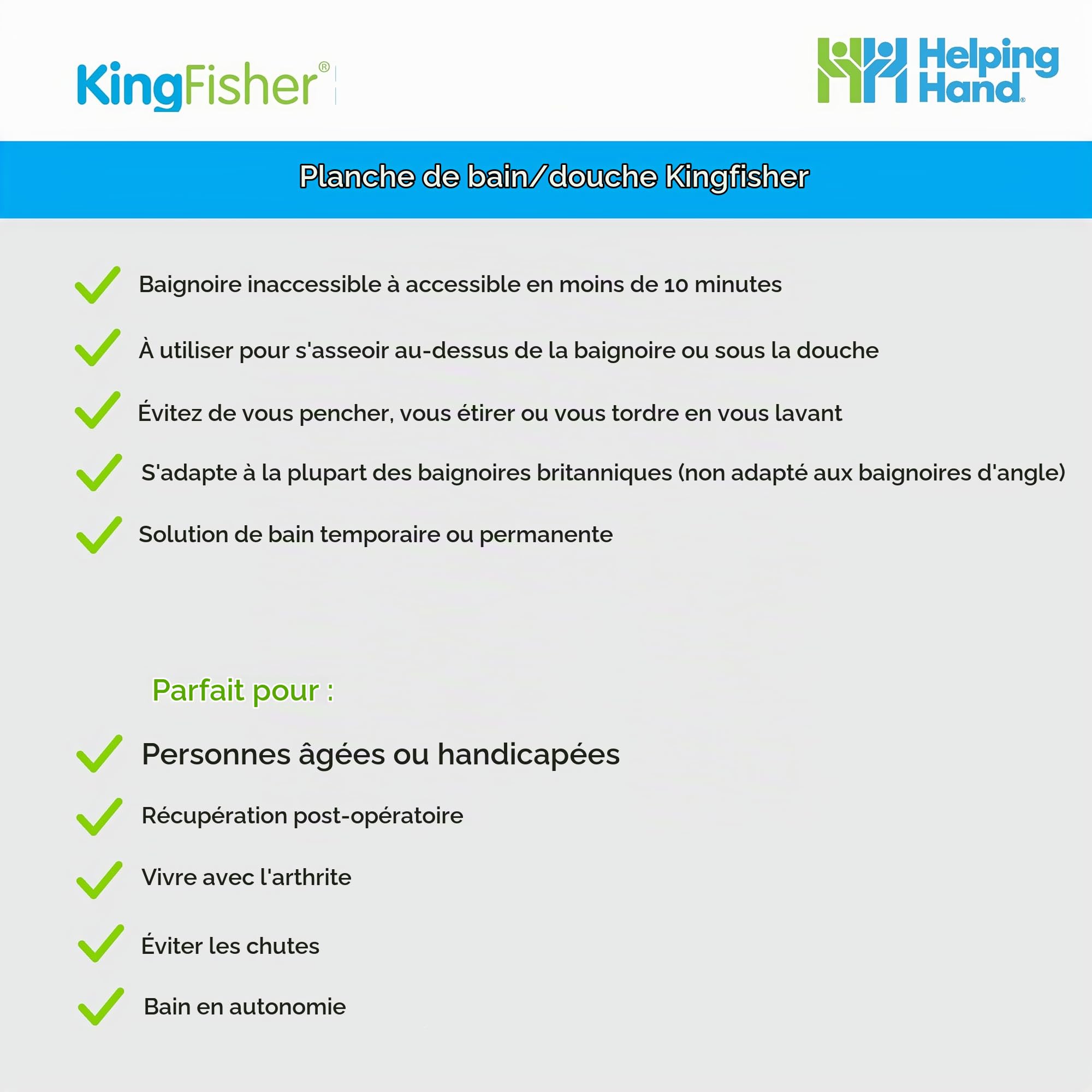 Helping Hand Kingfisher Planche de bain réglable de qualité supérieure avec poignée, 66-71 cm