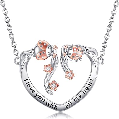 Ladybug Necklace 925 Sterling Silver Heart Ladybird Pendant Necklace Ladybug Jewelry Present for Women Mom