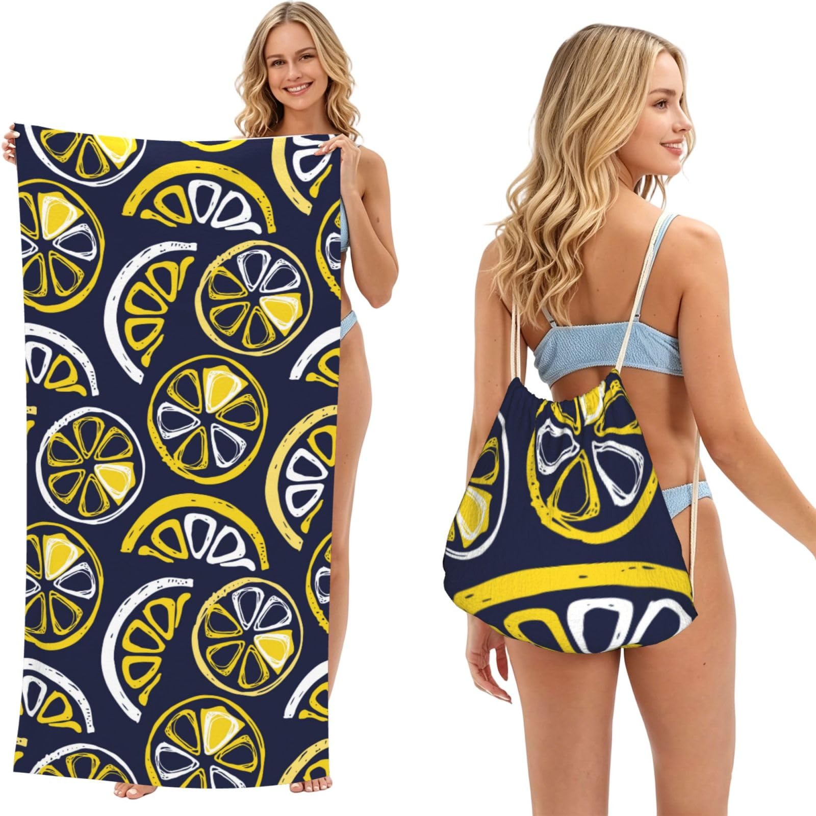 Poadnly As Picture Hand-Drawn Lemon, Lemon Slices, Fruit Pattern, 2 In 1 Packable Towel Bag, Beach Towels With Drawstring Backpack For Travel Holiday Camping