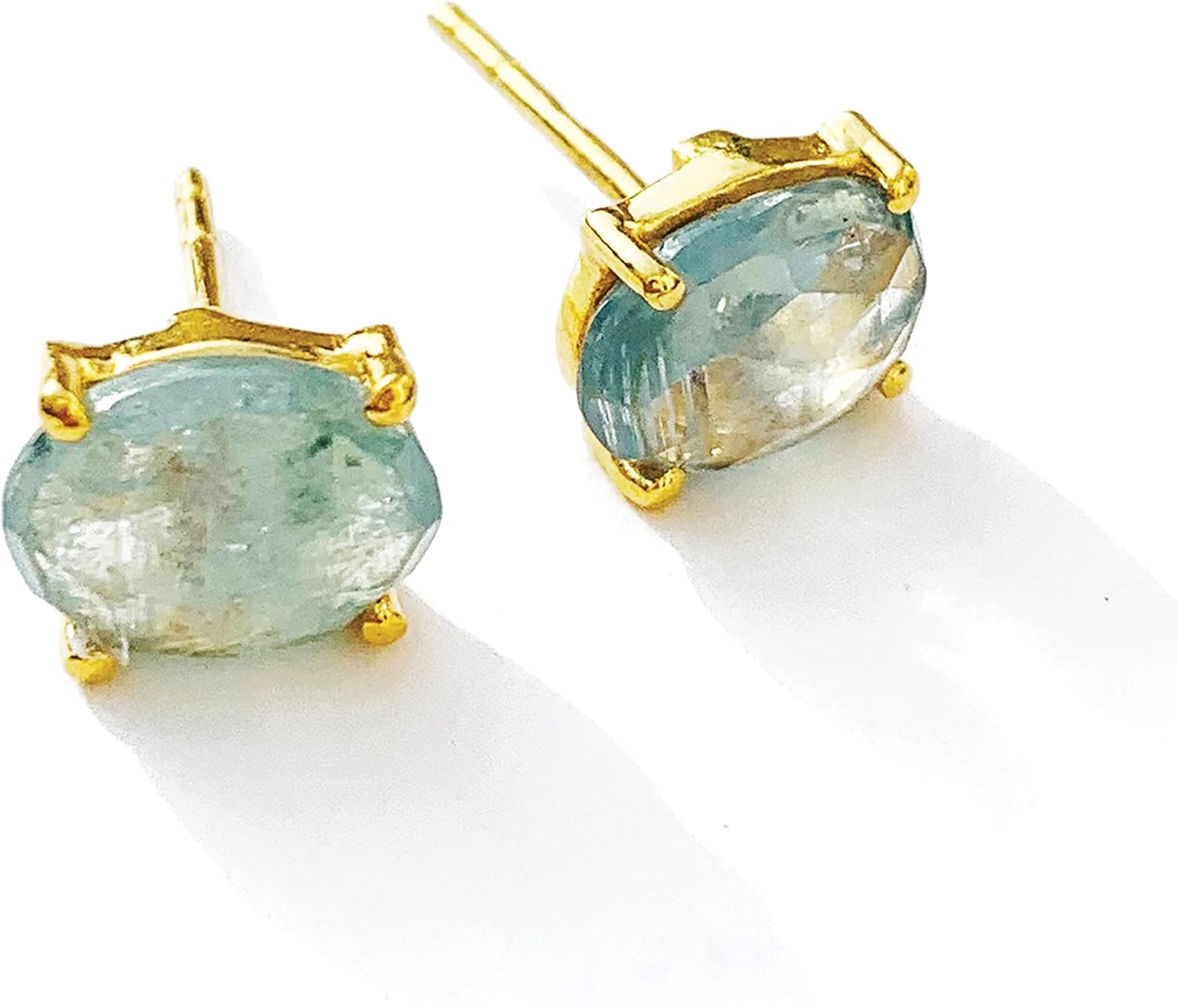 Gemstone Stud Earrings for Women – Aquamarine Kyanite Carnelian – Natural Oval Round Stones Handmade Sterling Silver 18K Gold Plated Crystal Jewelry Gift Pair Sizes 6mm 8mm Premium Elegance