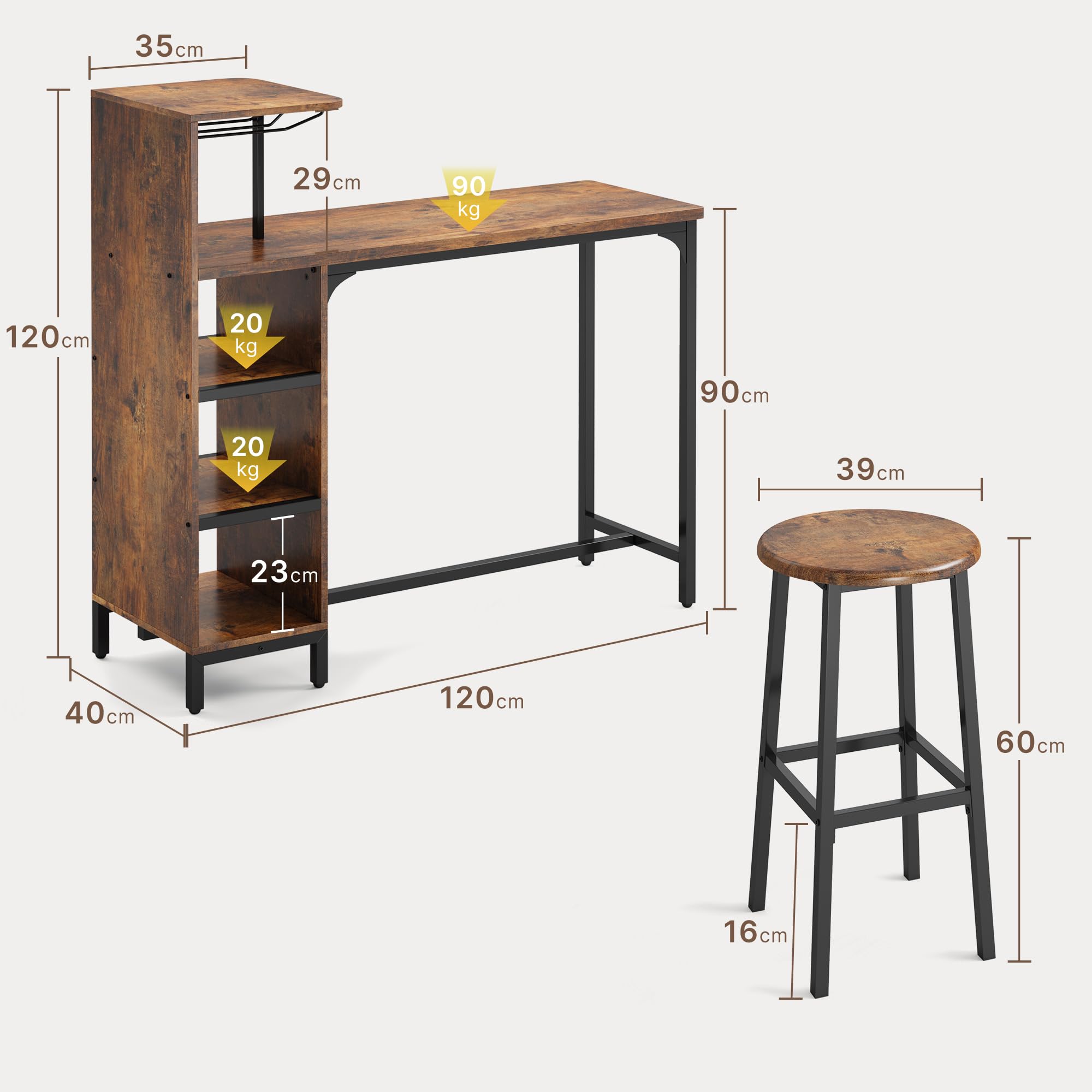Xbro Angolo Bar per Casa con 2 Sgabelli, Tavolo da Bar Industriale con Porta Calici e 6 Portabottiglie, Mobile Bar con Ripiani Laterali, Banco Bar Salvaspazio in MDF e Metallo, 120x40x120 cm