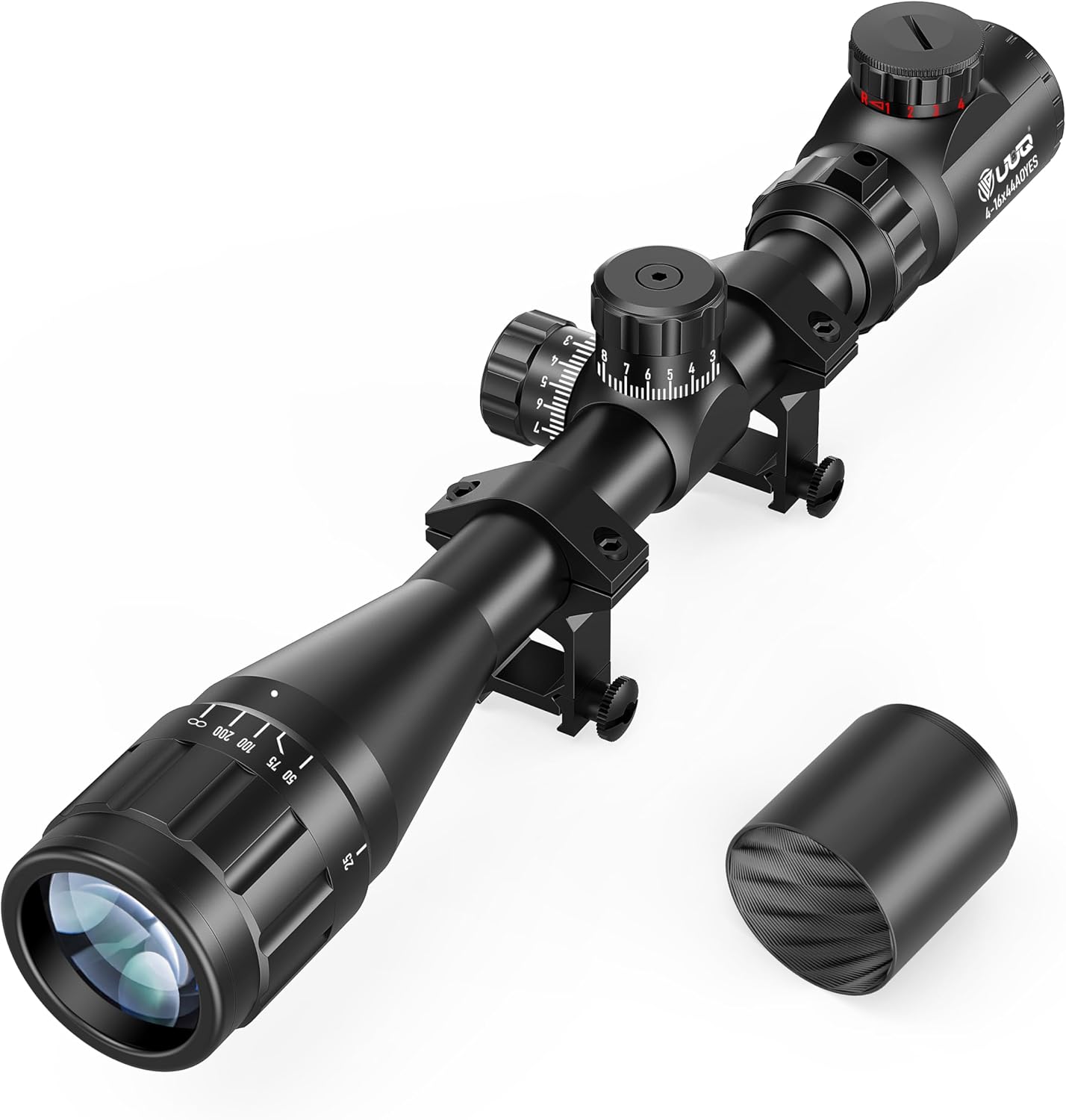 UUQ 4-16X44AO Rifle Scope for Hunting with Locking Turret Sunshade,SFP,Red and Green Illumination,Mil-dot Reticle,Front Parallax Adjustment,-Long Range Optics,Fits 20mm Mounts