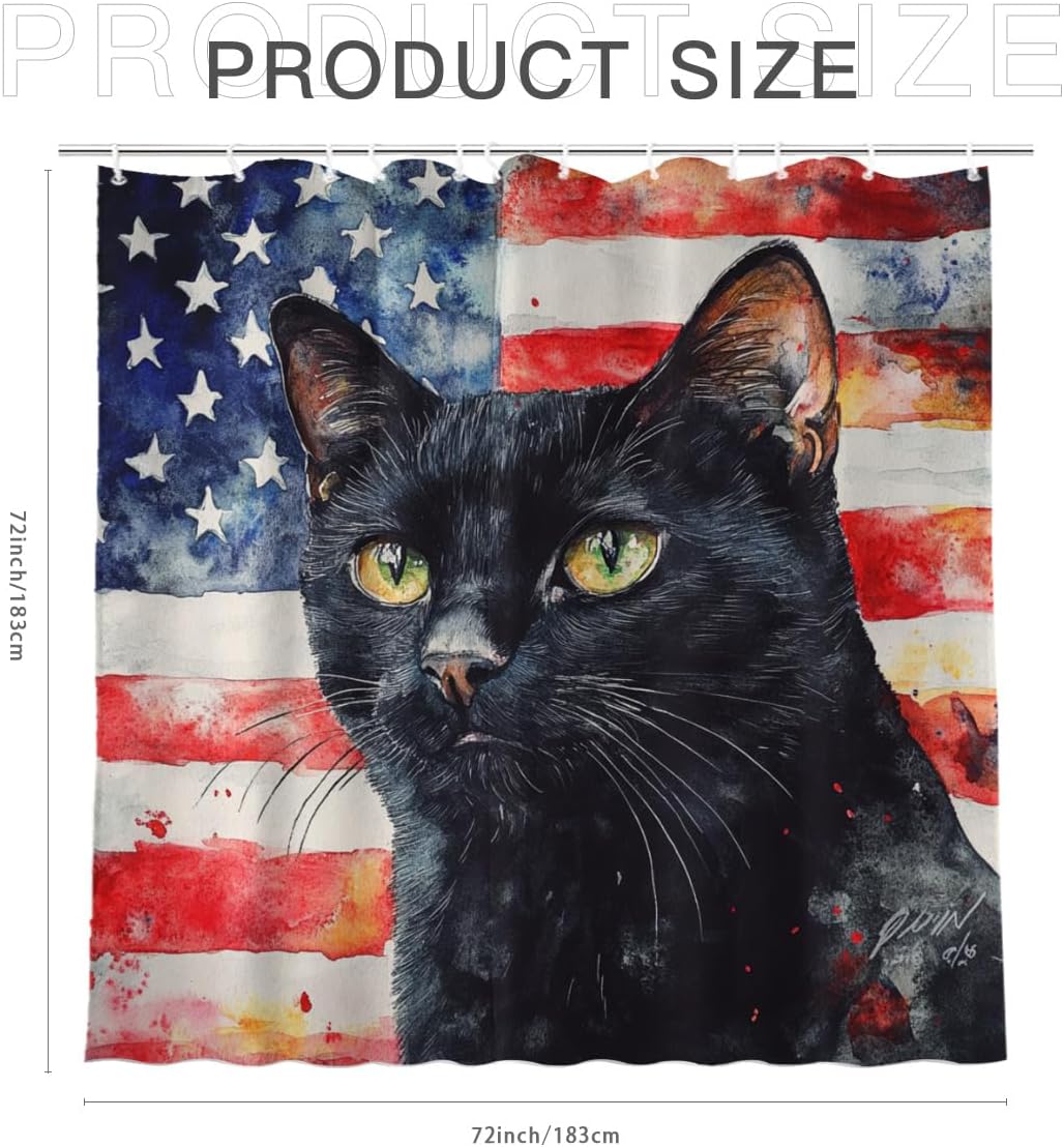 NGZ 4th of July Independence Day Black Cat Shower Curtain Set American Flag Patriotic Shower Curtain Waterproof Fabric Shower Curtain with 12 Hooks 72''x72''