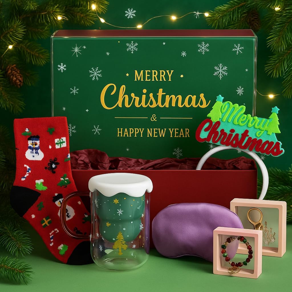 Charming Christmas Gift Set – Cozy Holiday Glass, Festive Santa Socks, Elegant Christmas Bracelet & Premium Hollow Packaging – Perfect Holiday Gift for Women, Friends & Family