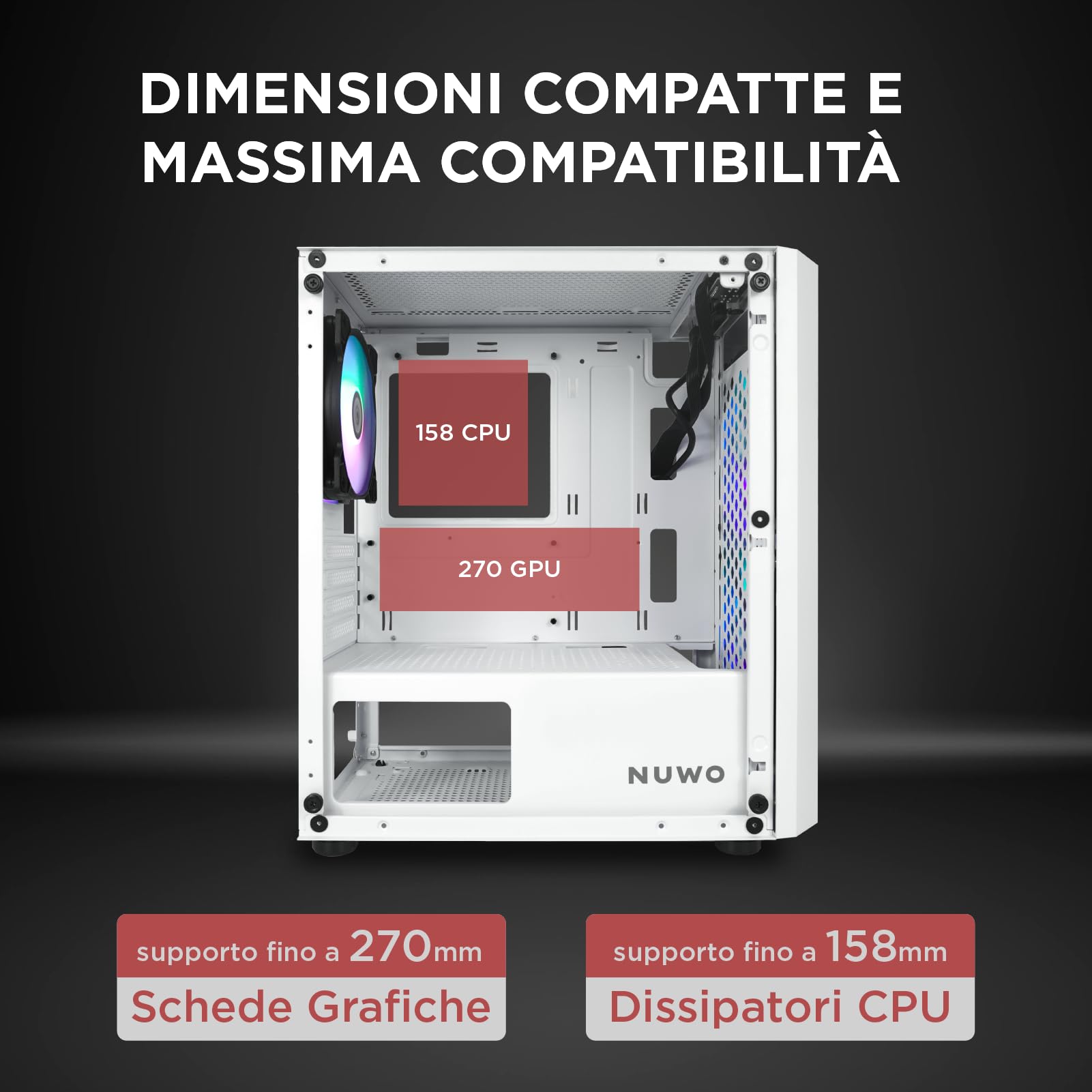 Nuwo Blitz R25 Case Gaming PC Micro-ATX Mini Tower Bianco | 3 Ventole RGB Rainbow | Vetro Temperato Laterale | AIO 240mm | GPU 270mm | Mini-ITX