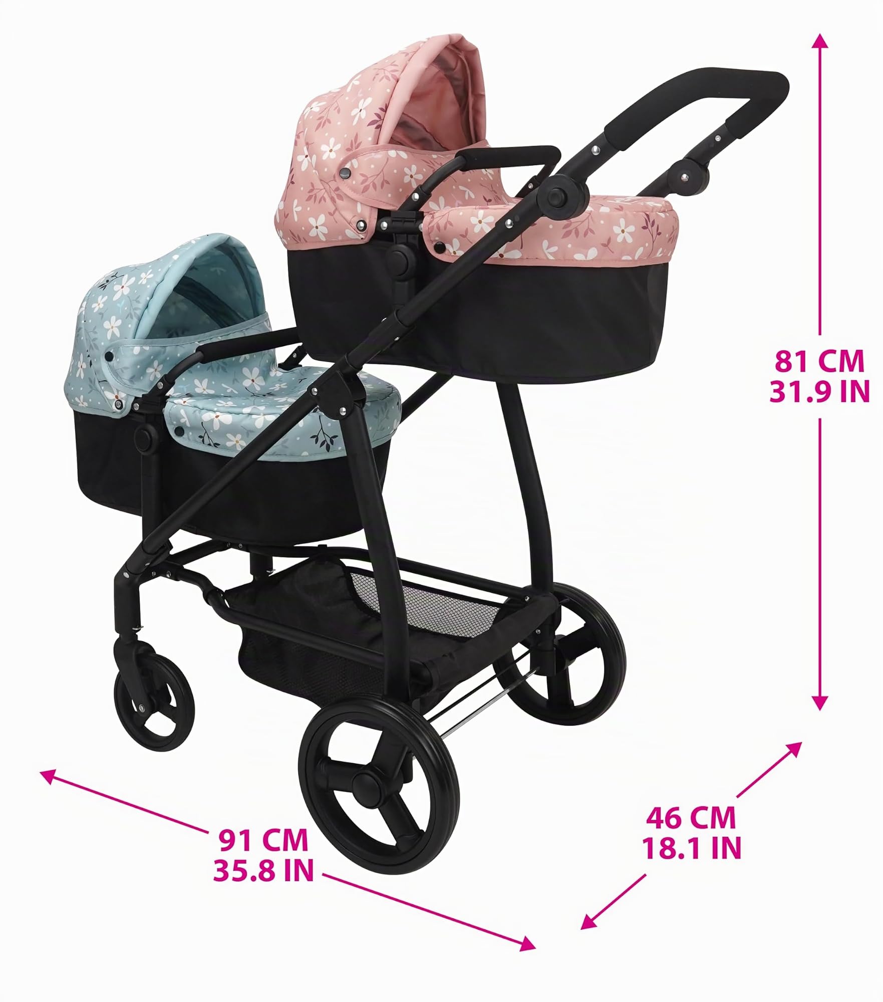 MOLTO - Poussette Double pour poupées, Poussette Pliable à Deux Places avec nacelles Convertibles, Roues pivotantes à 360° et Guidon réglable, pour poupées mesurant jusqu'à 46 cm, à partir de 3 Ans