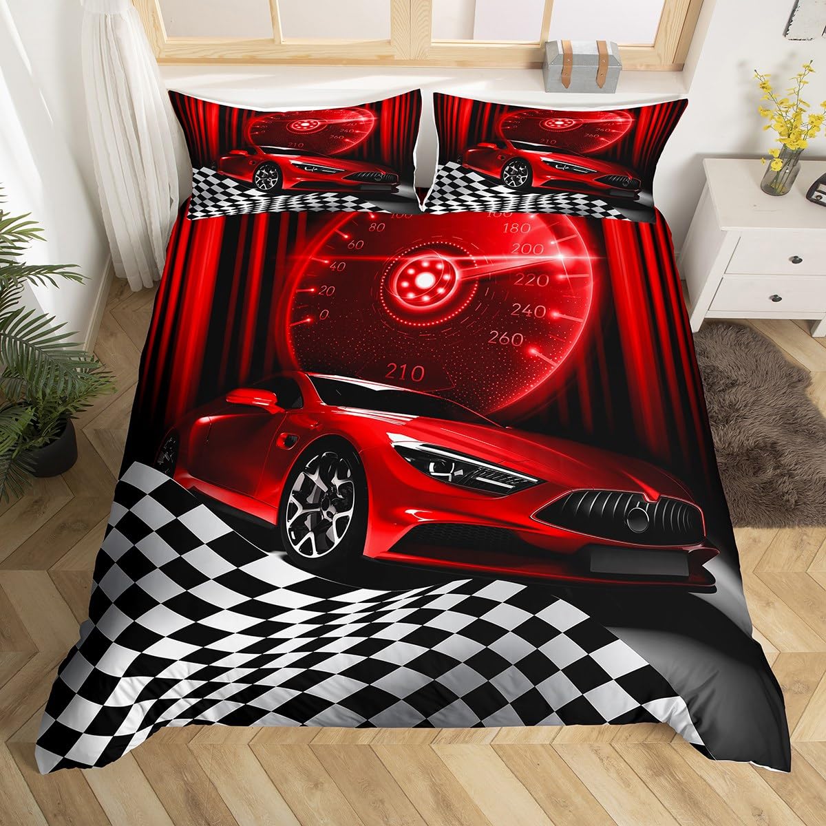 Homewish Red Race Car Bedding Sets for Teen Boys, Glitter Ombre Stripe Duvet Cover Single Size, Neon Light Sports Car Dashboard Comforter Cover, Black and White Grid Lattice Buffalo Plaid Decor โ image 1