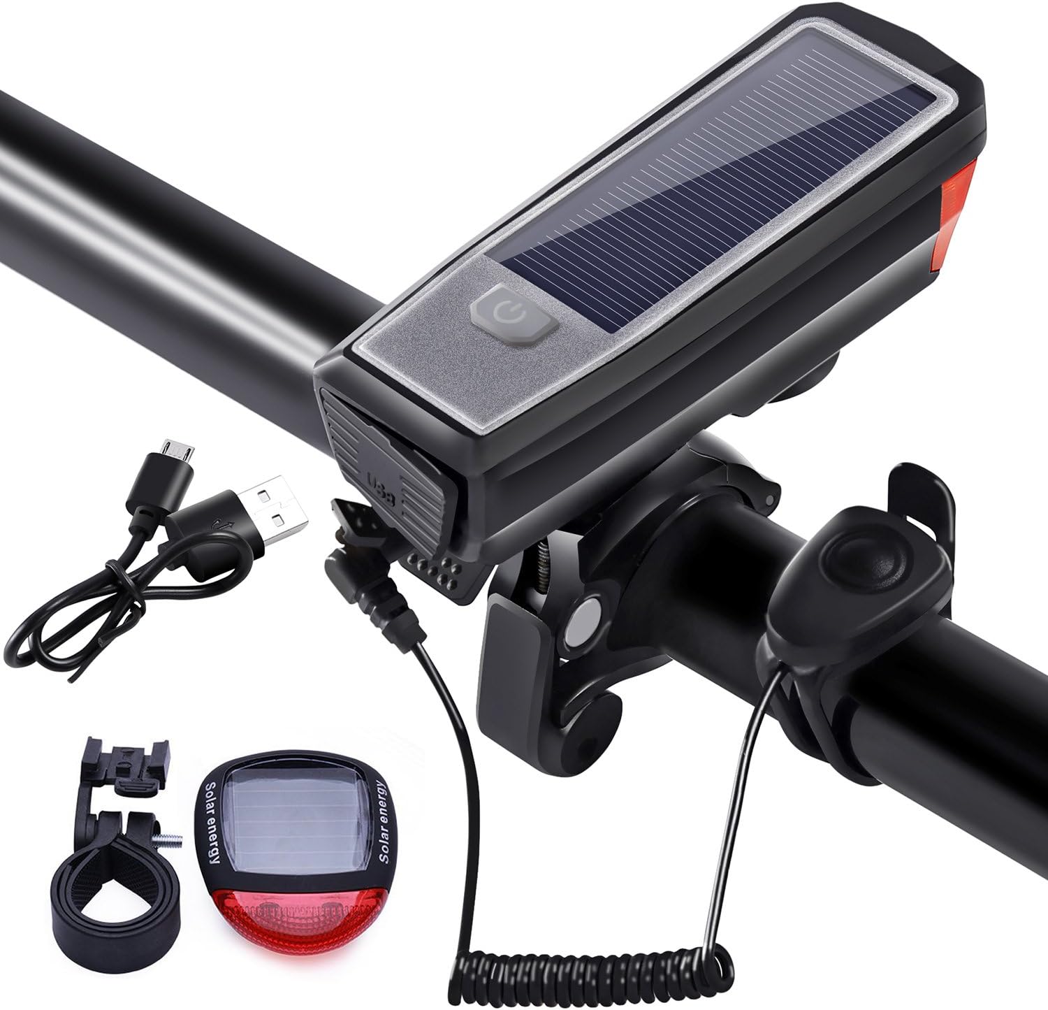 LED Bicycle Light Set – Solar Waterproof Bicycle Light with Smart Sensor Technology Light Sensors, USB Charging, Power Bank Function and 120 dB 5 Lighting Modes Bicycle Mountain Bike Cycle Bicycle Bell