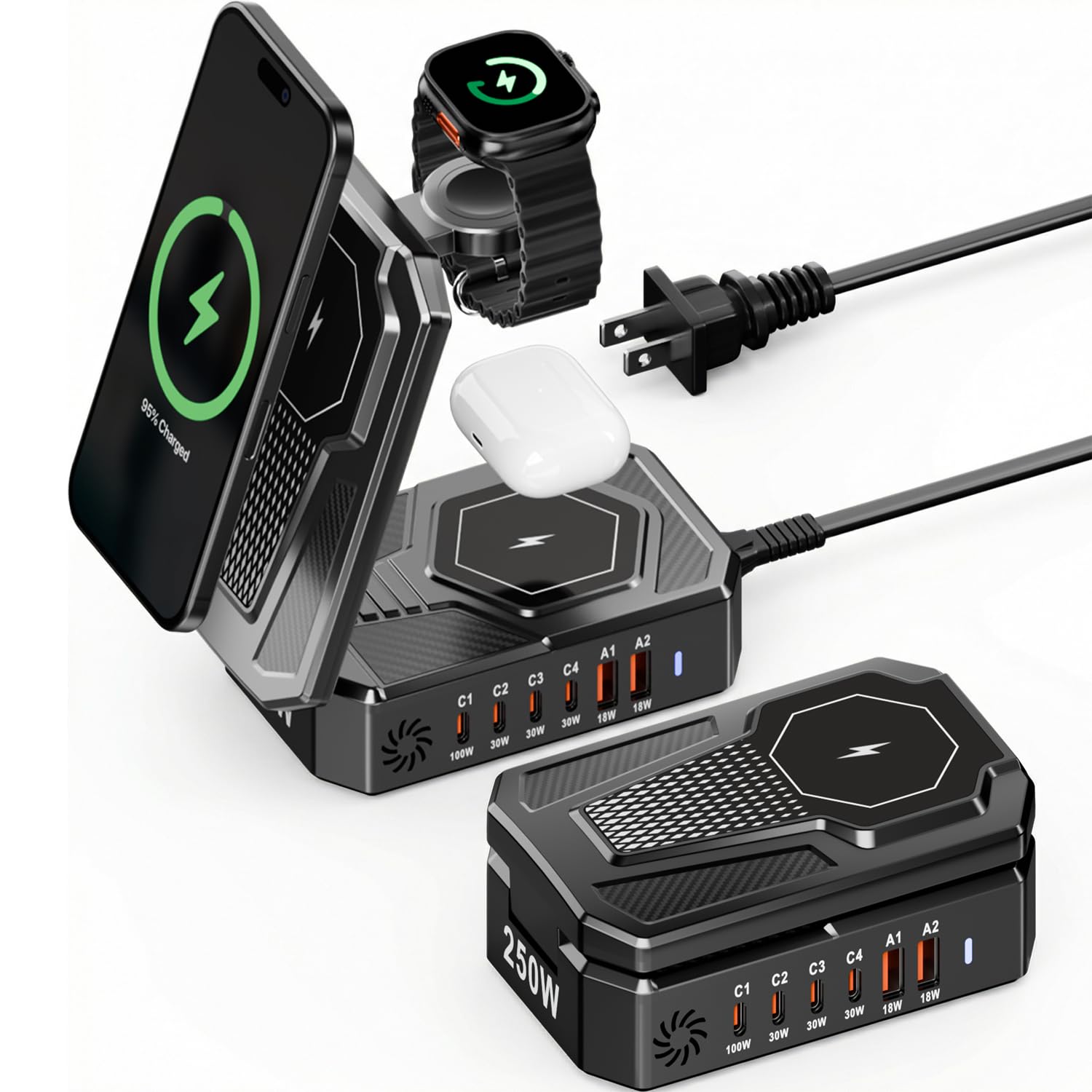 Estación de carga magnética plegable 9 en 1, concentrador de 250 W con USB-C de 100 W para portátiles, base inalámbrica 3 en 1 para teléfonos/relojes/auriculares