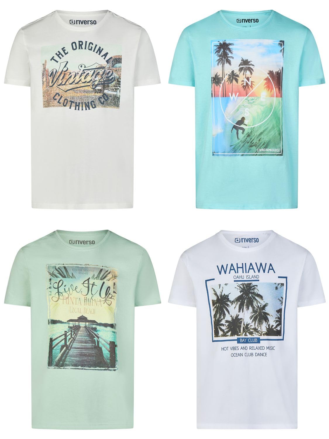 riverso Tshirt Herren Set Baumwolle Regular Fit RIVLukas 4er Pack | Rundhals Kurzarm Sommer Tee Shirt Print Blau Grün Weiß Grau Gelb Türkis S M L XL XXL 3XL 4XL 5XL