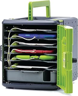 Copernicus Premium Tech Tub2 6-Device Lockable Classroom Charging Station Box with 6 Small Extension Cord for iPads, Chromebooks, or Tablets, Green/Black