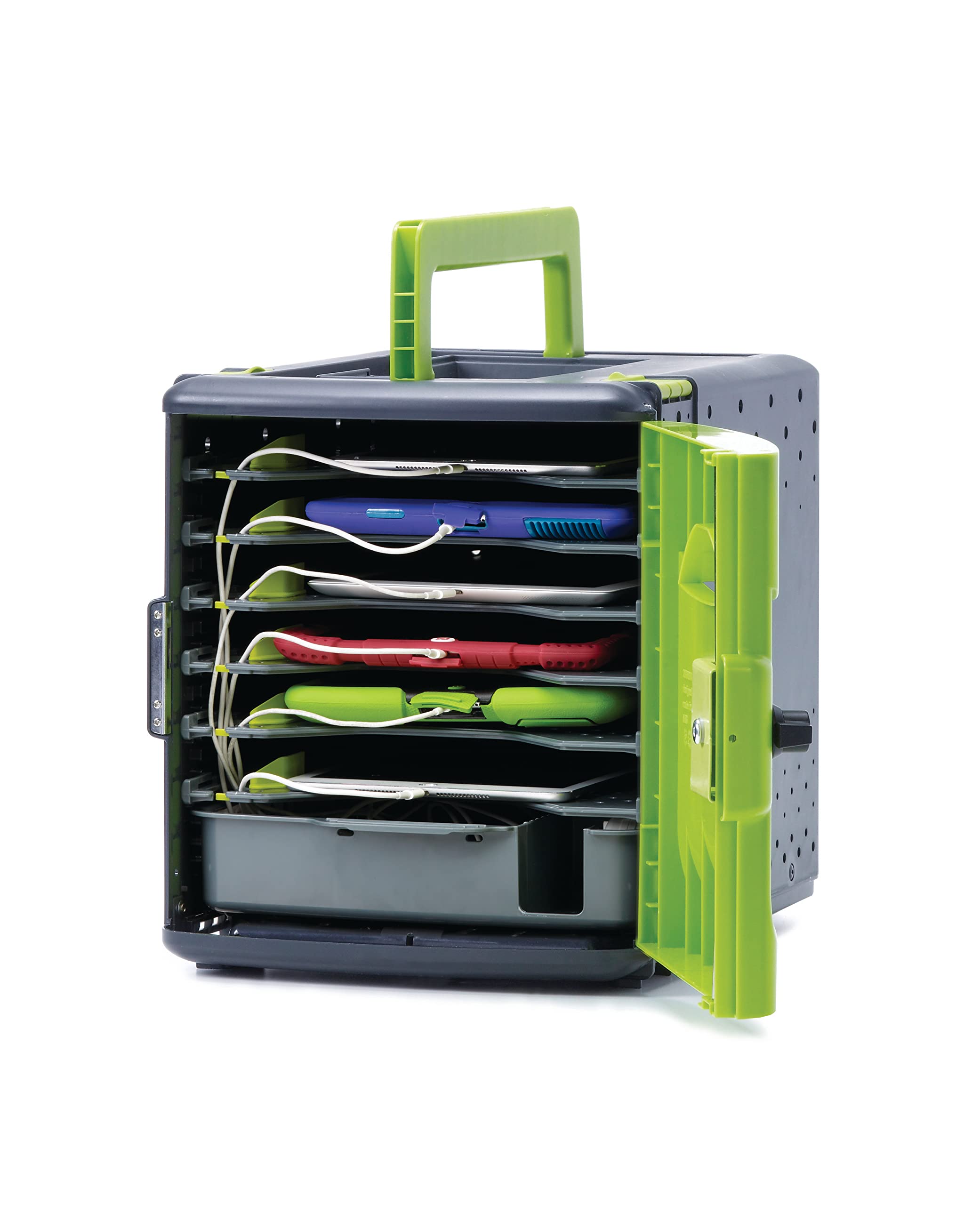 Copernicus Premium Tech Tub2 6-Device Lockable Classroom Charging Station Box with 6 Small Extension Cord for iPads, Chromebooks, or Tablets, Green/Black