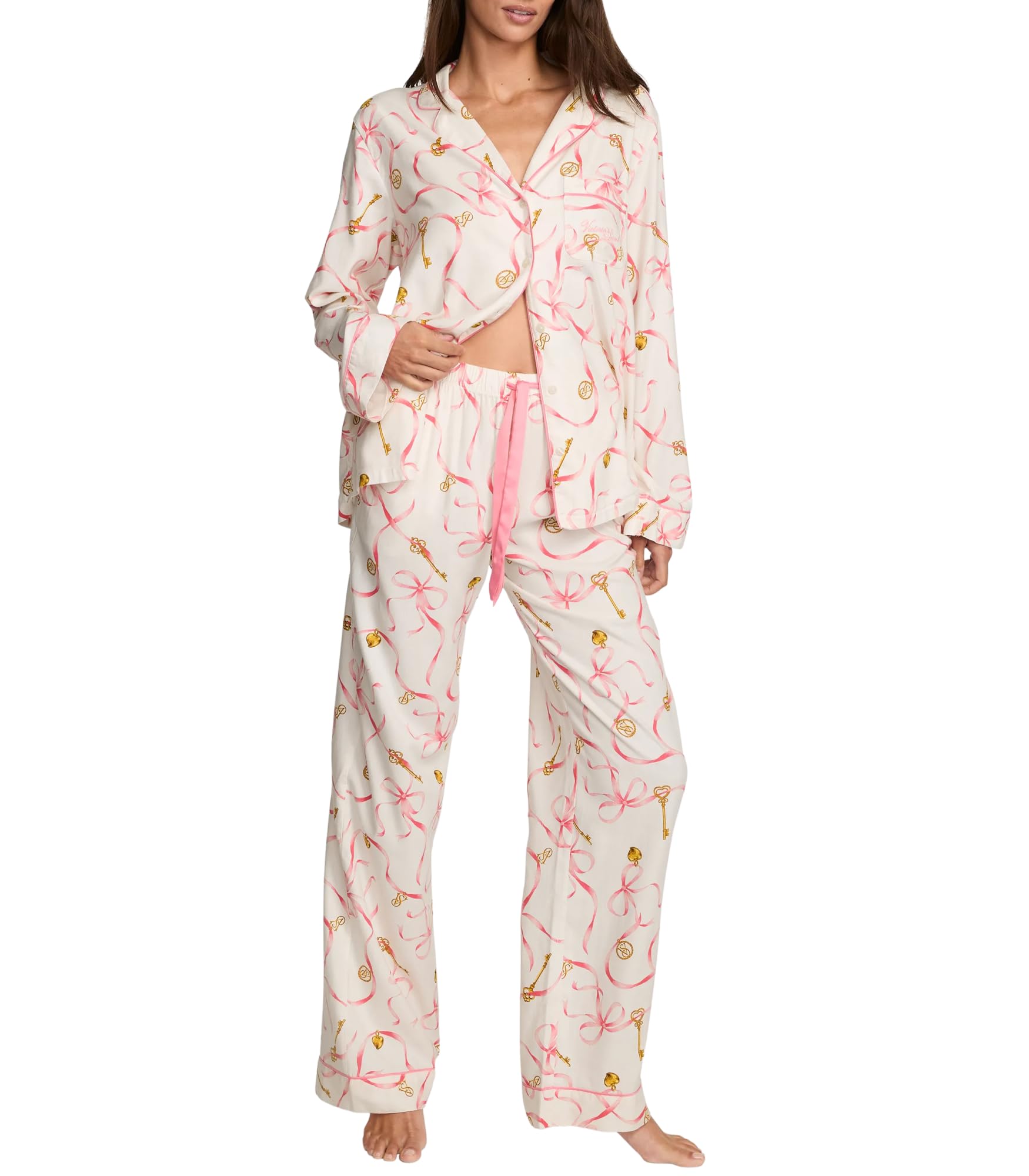 Victoria's Secret Flannel Pajama Set, Long Sleeve Button Down Shirt & Pants, Sleepwear for Women (XS-XXL) Medium Vs White Ground/Key and Bow Print