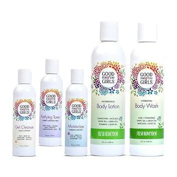 Good For You Girls GIFT SET for Face & Body Contains Gel Cleanser, Purifying Toner, Moisturizer, Body Wash Soft Powder Scent, Body Lotion Fresh Honeydew Scent, Made in the USA | GIFT SET 5 Pieces