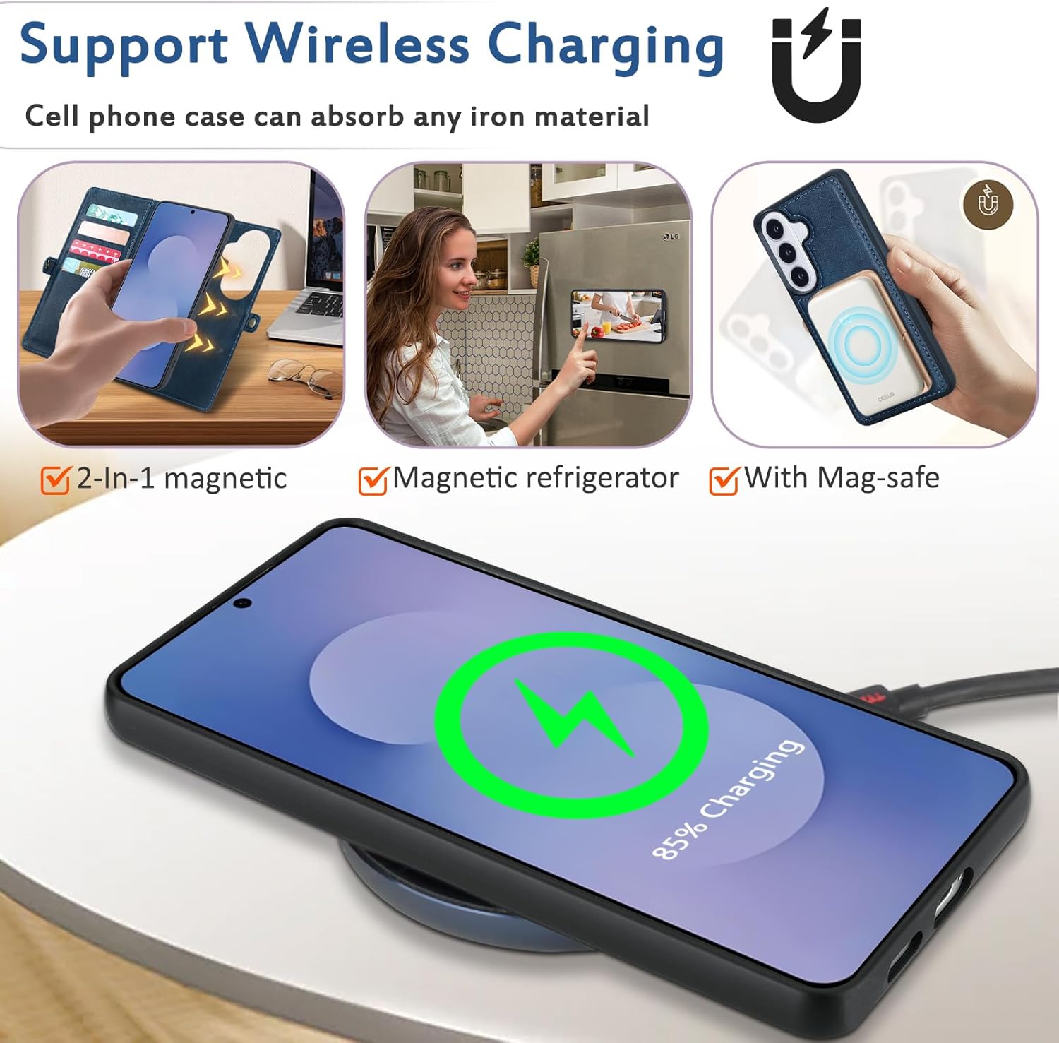 for Wallet Case Compatible with Samsumg Galaxy S26 Plus Multi-Function Detachable 2 in 1 Magnetic Phone Case Wallet,Flip Strap Zipper Card Holder Phone Case with Shoulder Straps (Darkblue)