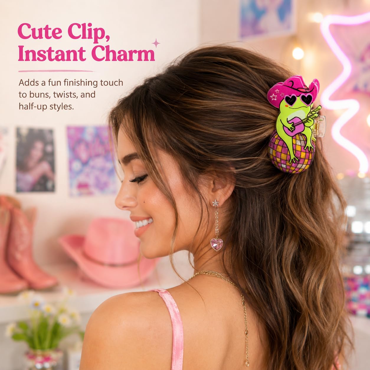 Funny Western Frog Guitar Hair Claw Clip for Women Girls, Cute Cartoon Acetate Jaw Clip, Non Slip Strong Hold Barrette for Thick Thin Curly Hair, Cowgirl Country Farmhouse Hair Accessory Gift
