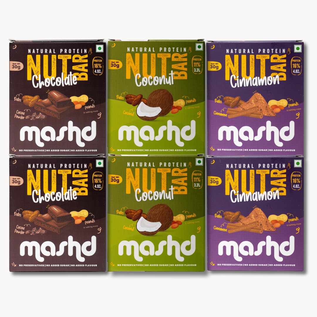 Mashd - Natural Protein Nut Bars - Triple Tasty Pack | 26g Protein | Pack of 6 x 30g | 2 x Chocolate, 2 x Coconut, 2 x Cinnamon | No Added Sugar | No Added Preservative | No Added Flavour-image-40