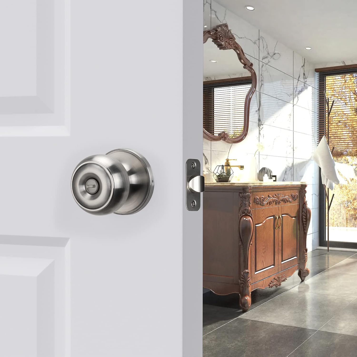 Haidms Brushed Nickel Door Knobs Interior, Silver Privacy keyless Door knob with Thumb Turn for Bedroom or Bathroom Privacy Function 1 Pack