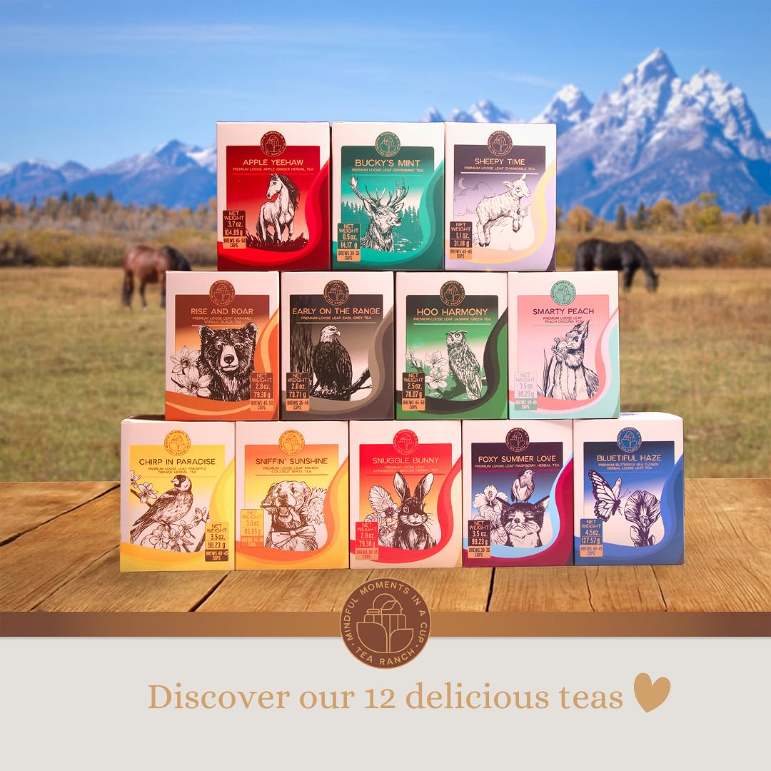 Tea Ranch – Rise & Roar Caramel Vanilla, Loose Leaf Ceylon Black Tea, Premium Blend, Caffeine, Enjoy Hot or Iced & Brews Up to 50 Cups, 2.8 oz Reusable Glass Tea Jar with Acacia Wood Lid