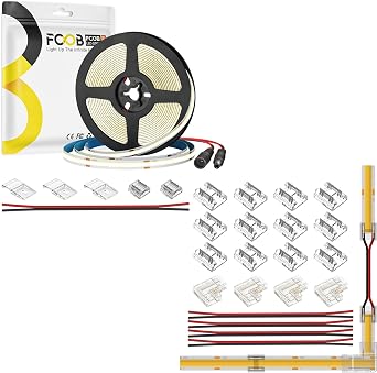 16.4FT DC24V COB LED Strip 3000K Warm White and COB 2pin 8mm Connector Kit for Single Color Strip