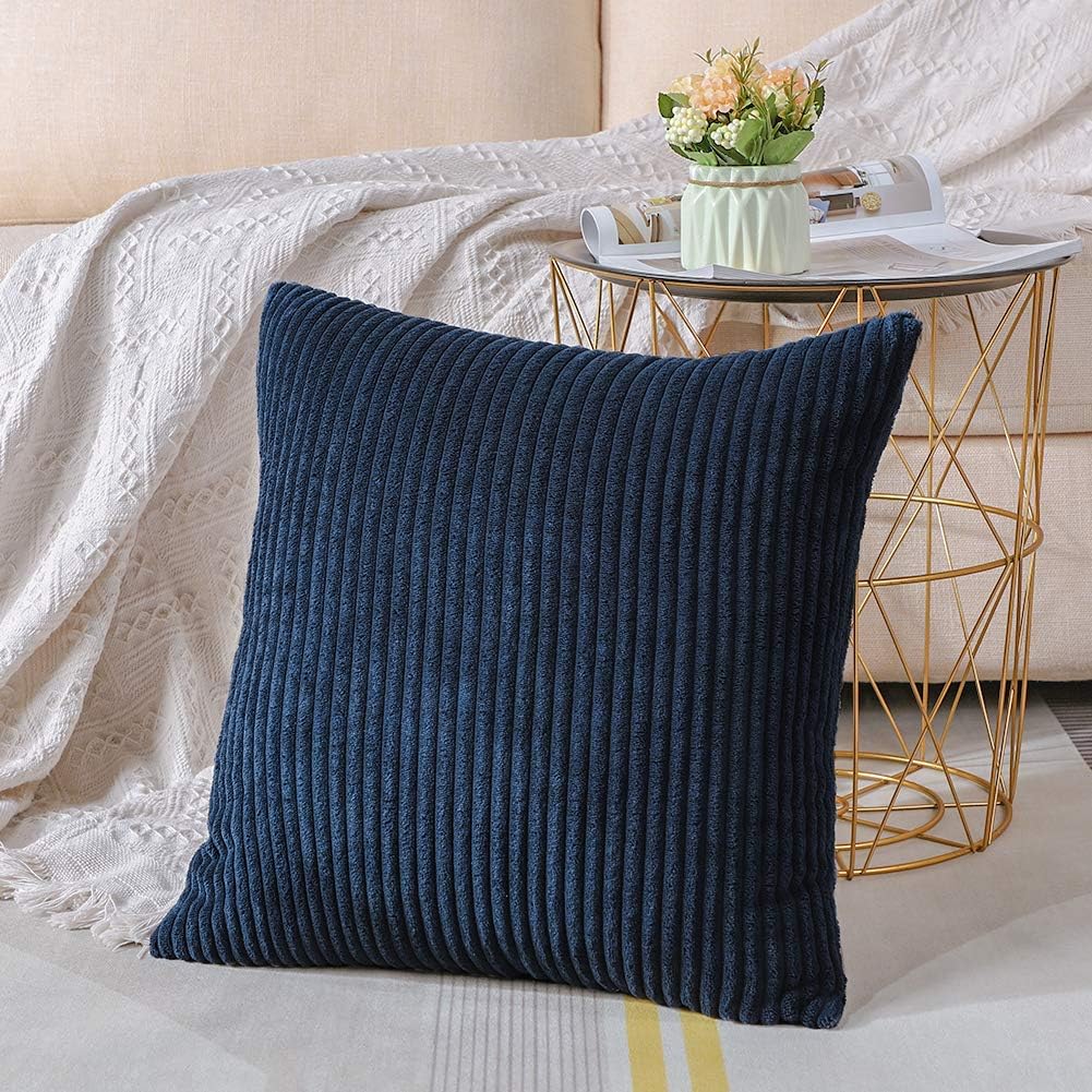 Artscope Cozy Striped Corduroy Pillow Covers Super Soft Decorative Square Throw Pillow Covers Case Cushion Covers for Sofa Couch Bedroom Car Decor 16 x 16 Inches, Navy Blue - Image 3