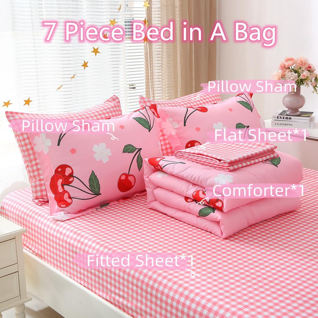Girls Cherry Comforter Bedding Set Twin Size 7 Piece Pink Kawaii Oriental Cherry Comforter Set Bed in A Bag for Kids Teens All Season (Comforter,Flat Sheet,Fitted Sheet and Pillow Sham) - Image 3