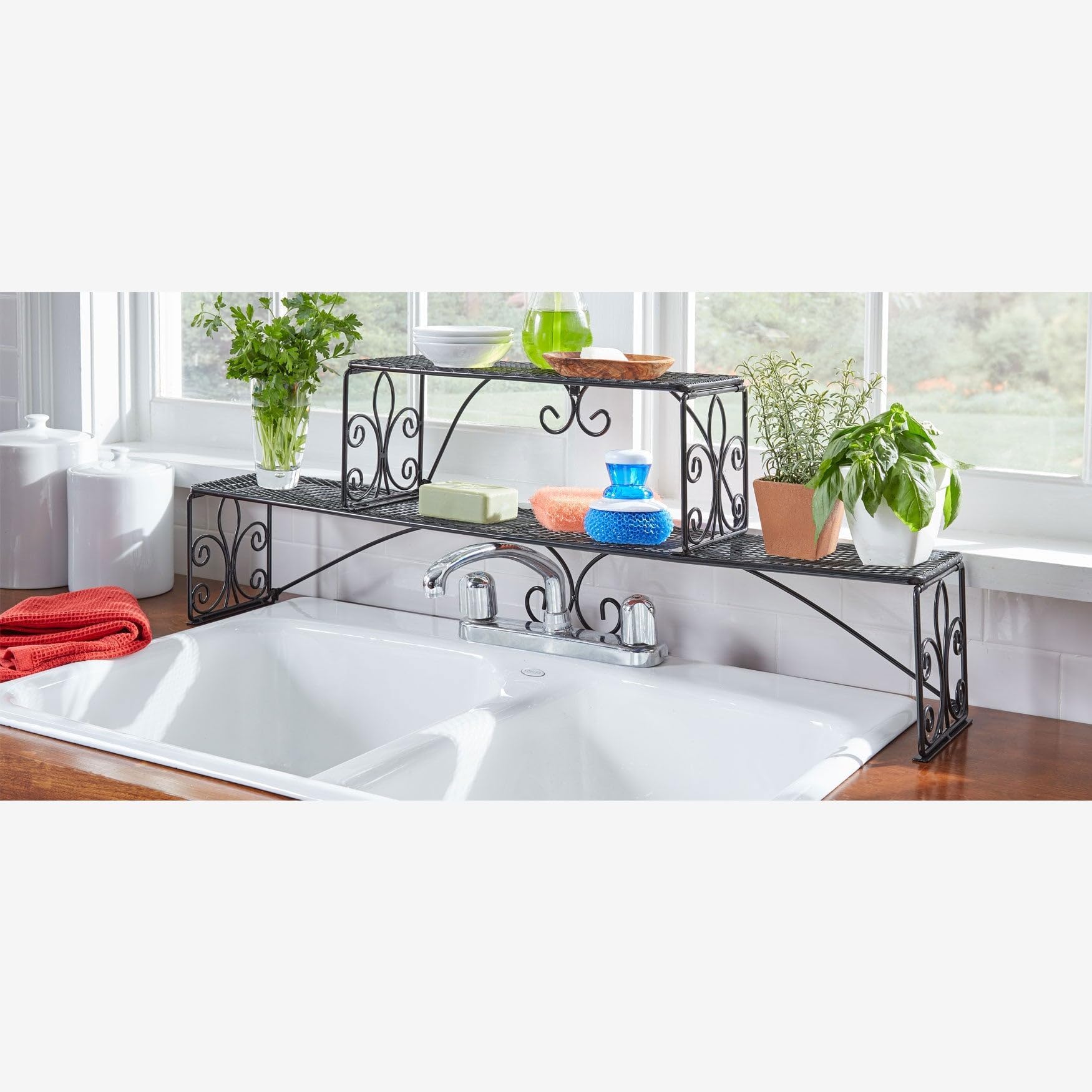 BrylaneHome Kitchen Scroll 2-Tier Over Sink Shelf Organizer - Black