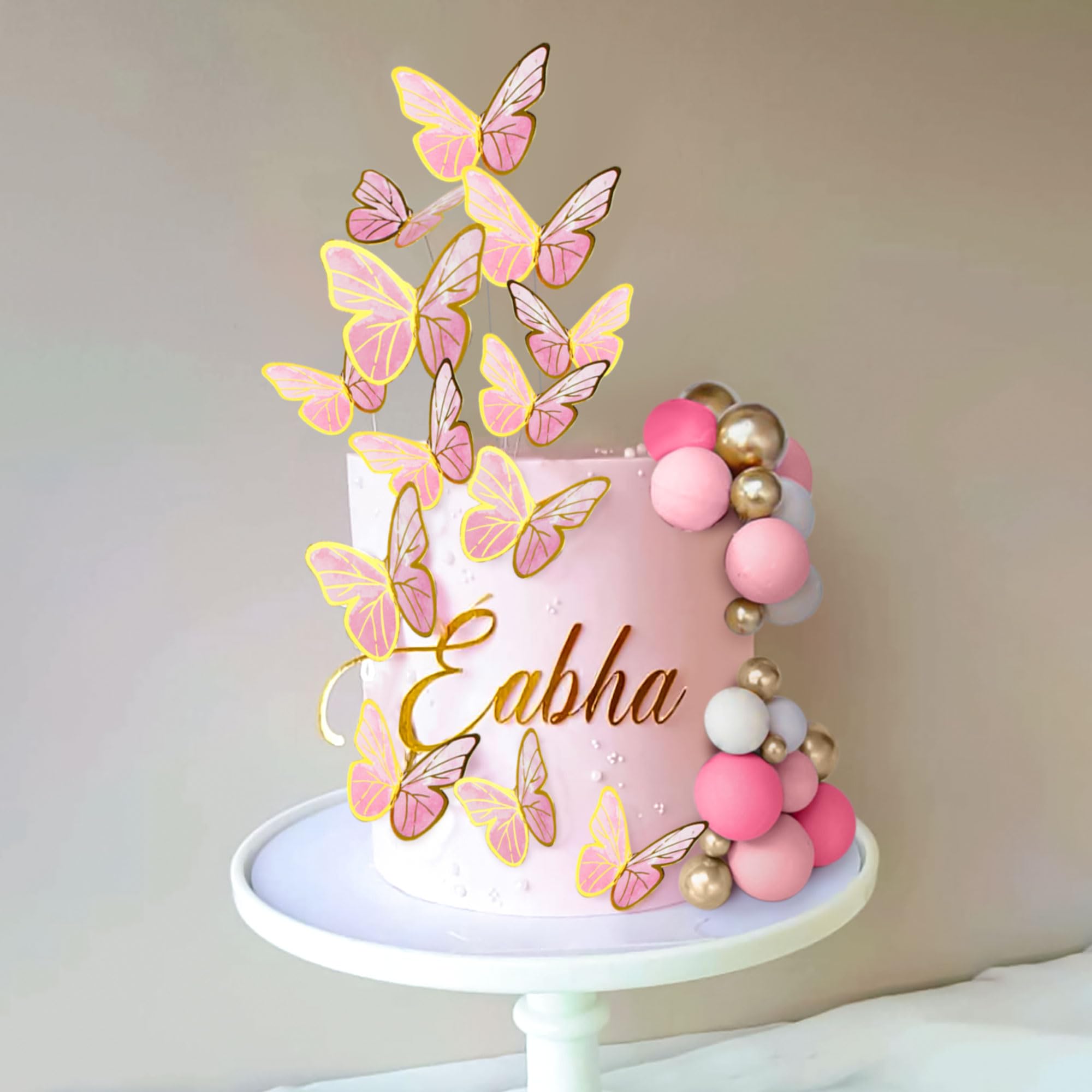 47PCS Pink Butterfly Cake Decorations With Purple Pink Gold Balls Cake Toppers for Baby Shower Wedding Birthday Bridal Shower Party Decor