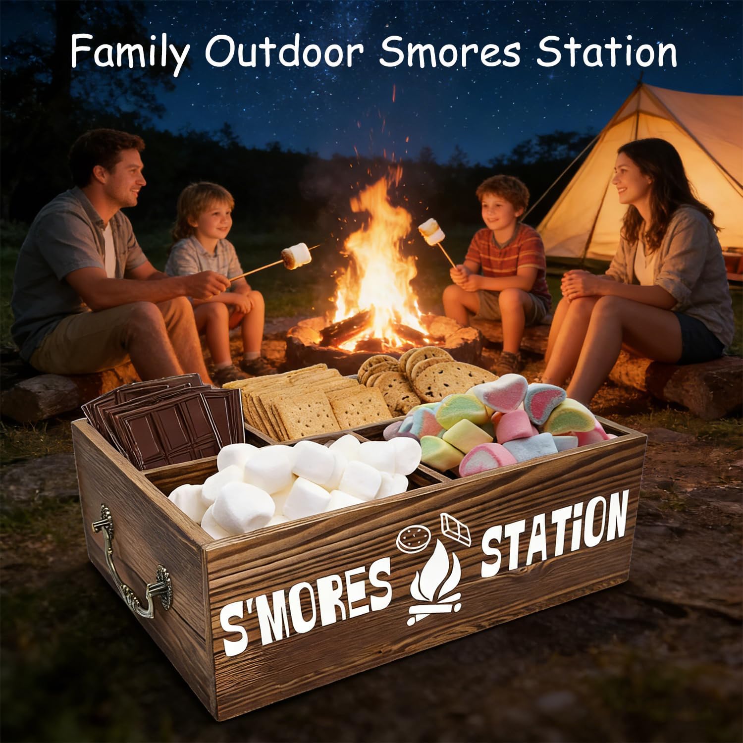 S'mores Station With Handles - Farmhouse Smores Kit, Smores Caddy Accessories Organizer, Smore Kit Lake House Decor, Marshmallow Tray for Fire Pit Outdoor, - Dark Brown Christmas Gift for Man Women
