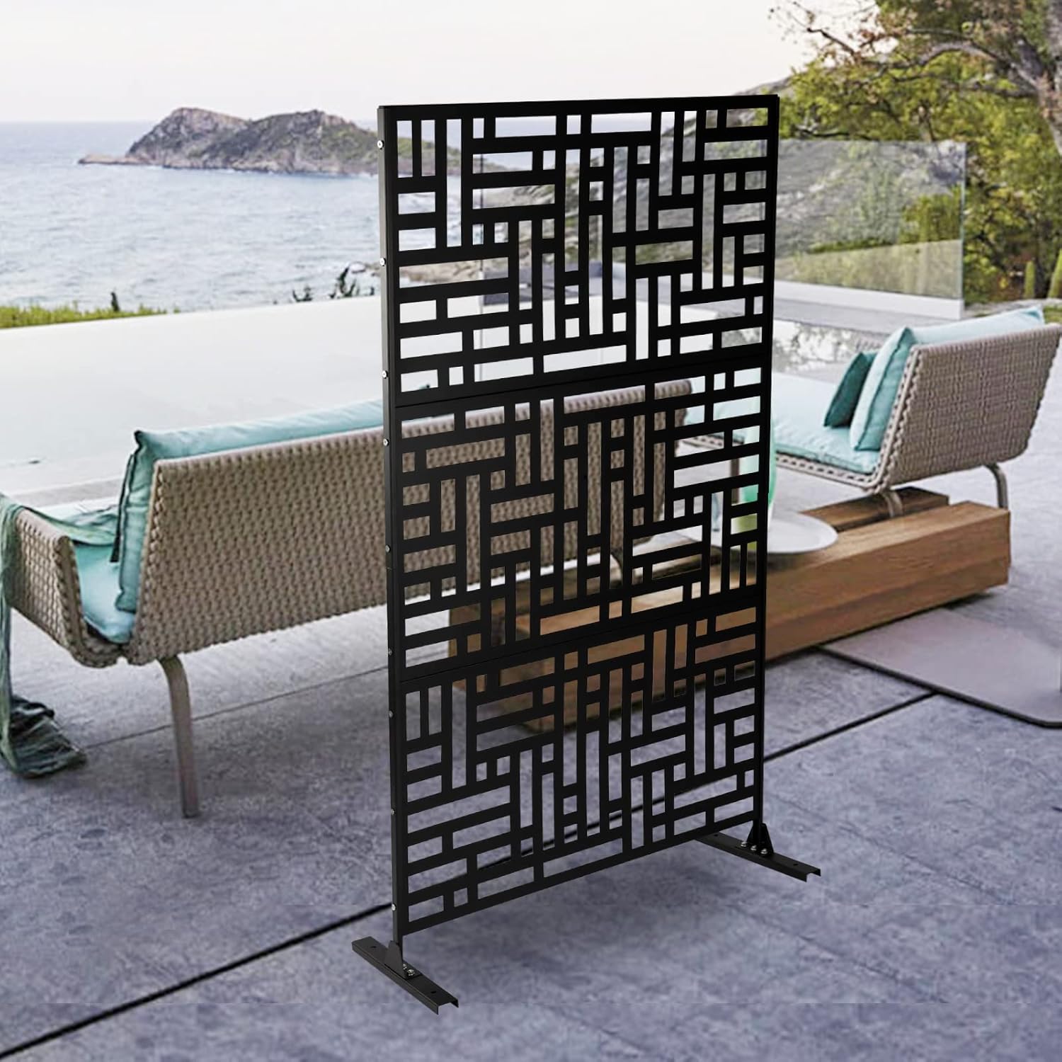 Metal Privacy Screen, 35" W x 74" H, Outdoor Privacy Screens, 3-Panel Freestanding Outdoor Divider w/Stand, Decorative Garden Steel Privacy Fence for Balcony Patio Indoor Room Hot Tub (Black)