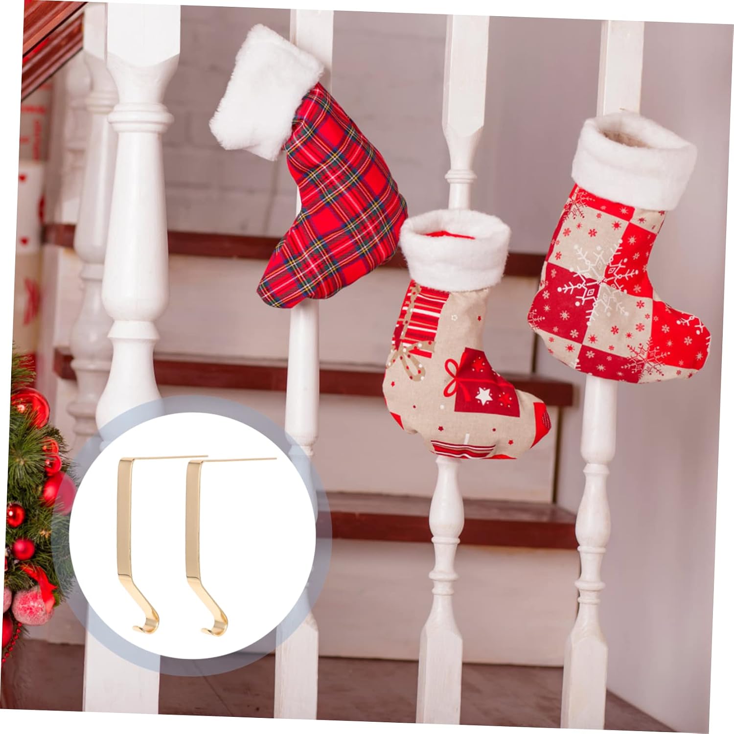 2pcs Christmas Sock Hangers Decorative Metal Hooks for Xmas Stockings for Holiday Decor and Fireplace Display