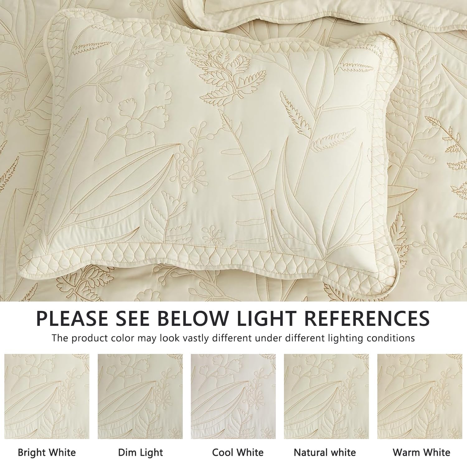 Botanical Oversized Bedspread King Size - Leaves Pattern Stitching Quilt Set - Elegant & Fresh Style Bedding Coverlets, Reversible, Lightweight, 5 Piece, Ivory - Image 6