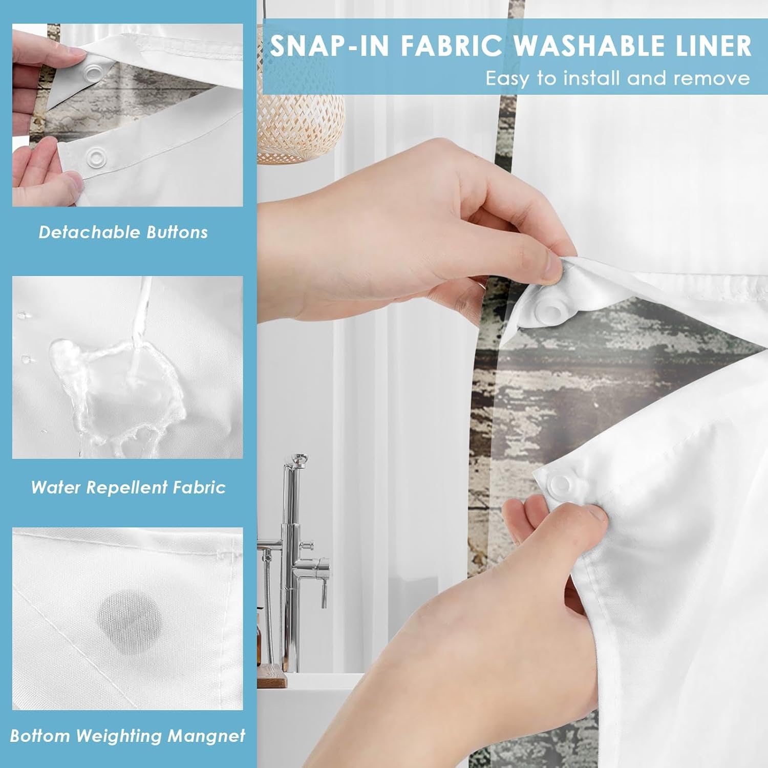 No Hook Vintage Flower Shower Curtain with Snap in Fabric Liner Set, Daisy Wooden Boards Double Layers Waterproof Fabric with See Through Top Window Open Grommet Bath Curtain 71x74 Inch