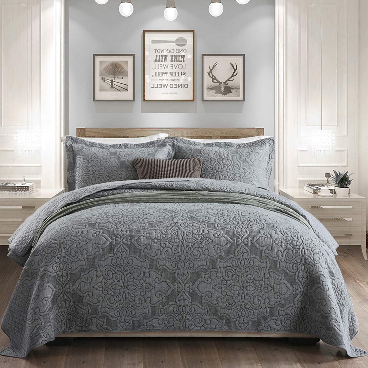 Travan Bedspread Cotton Quilt Set 3-Piece Oversized King Reversible Embroidered Quilted Bedding Set with Shams (Elegant Grey, King)