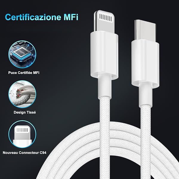 Chargeur Rapide Certifié Apple MFi pour iPhone 14/13/12/11/Pro Max Plus Mini SE XR X XS 8 7 6, Adaptateur Secteur USB-C 25 W avec Câble Lightning 1m, USB-C Power Delivery Charger - 5