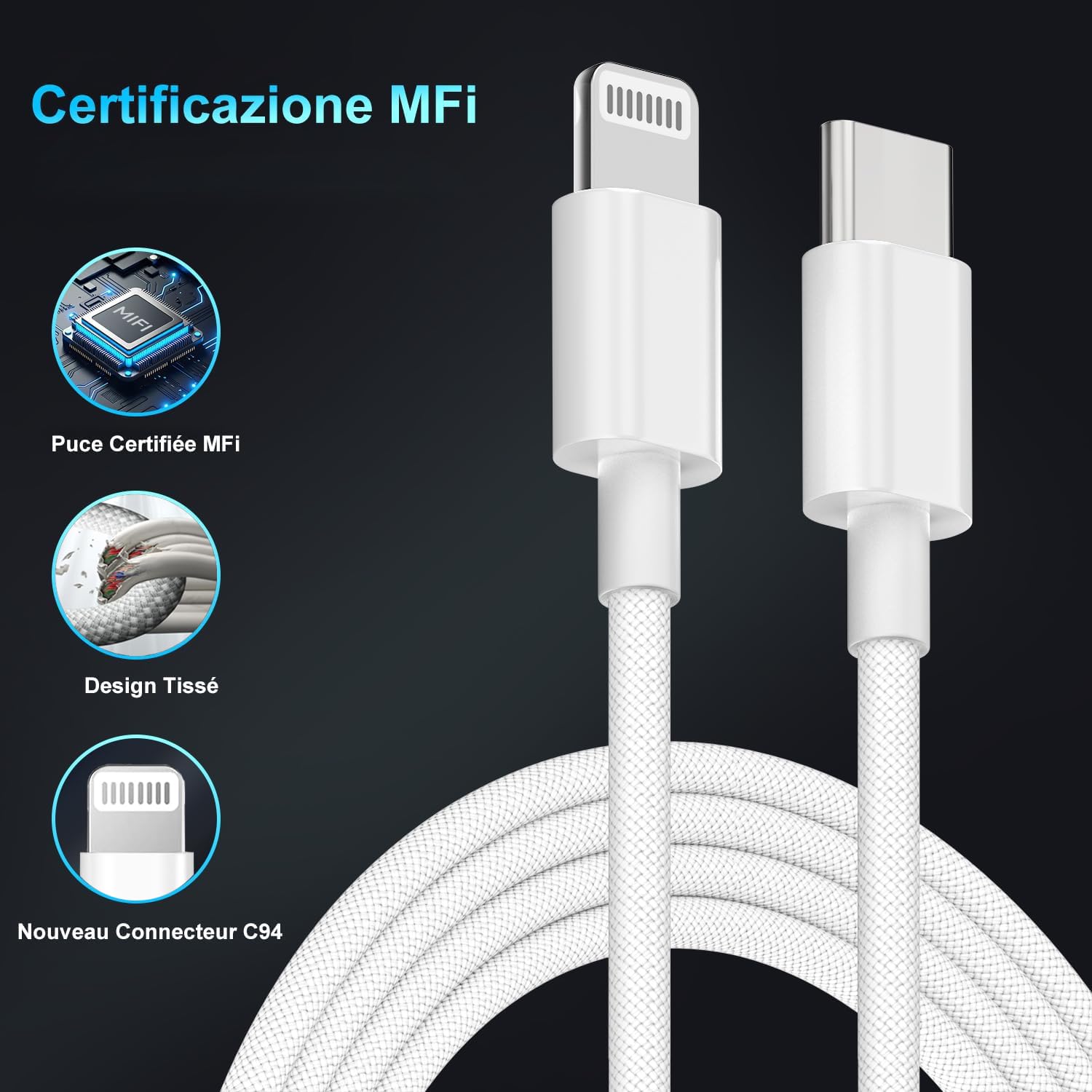 Chargeur Rapide Certifié Apple MFi pour iPhone 14/13/12/11/Pro Max Plus Mini SE XR X XS 8 7 6, Adaptateur Secteur USB-C 25 W avec Câble Lightning 1m, USB-C Power Delivery Charger